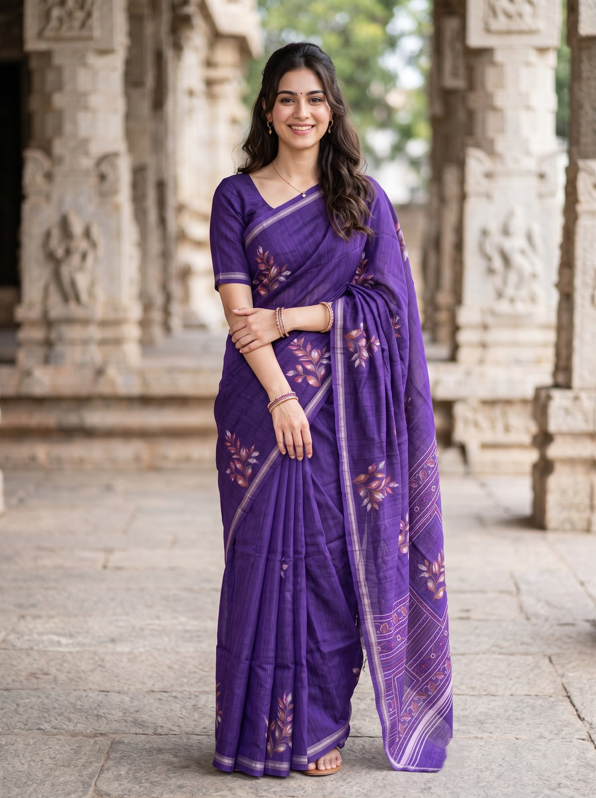 Semi Tussar Purple Saree with Colorful Leafy Motif Pallu and Silver Zari Edge