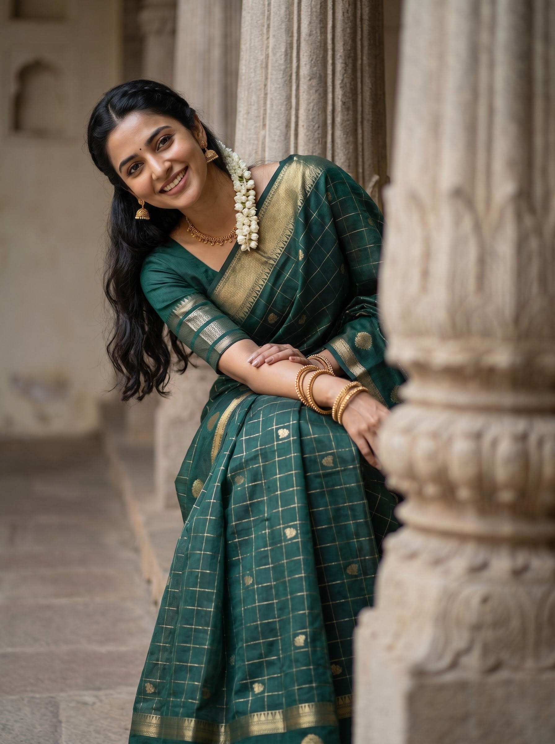 A woman wearing a dark green saree with gold grid patterns and a gold border, leaning against a stone pillar in an outdoor architectural setting.