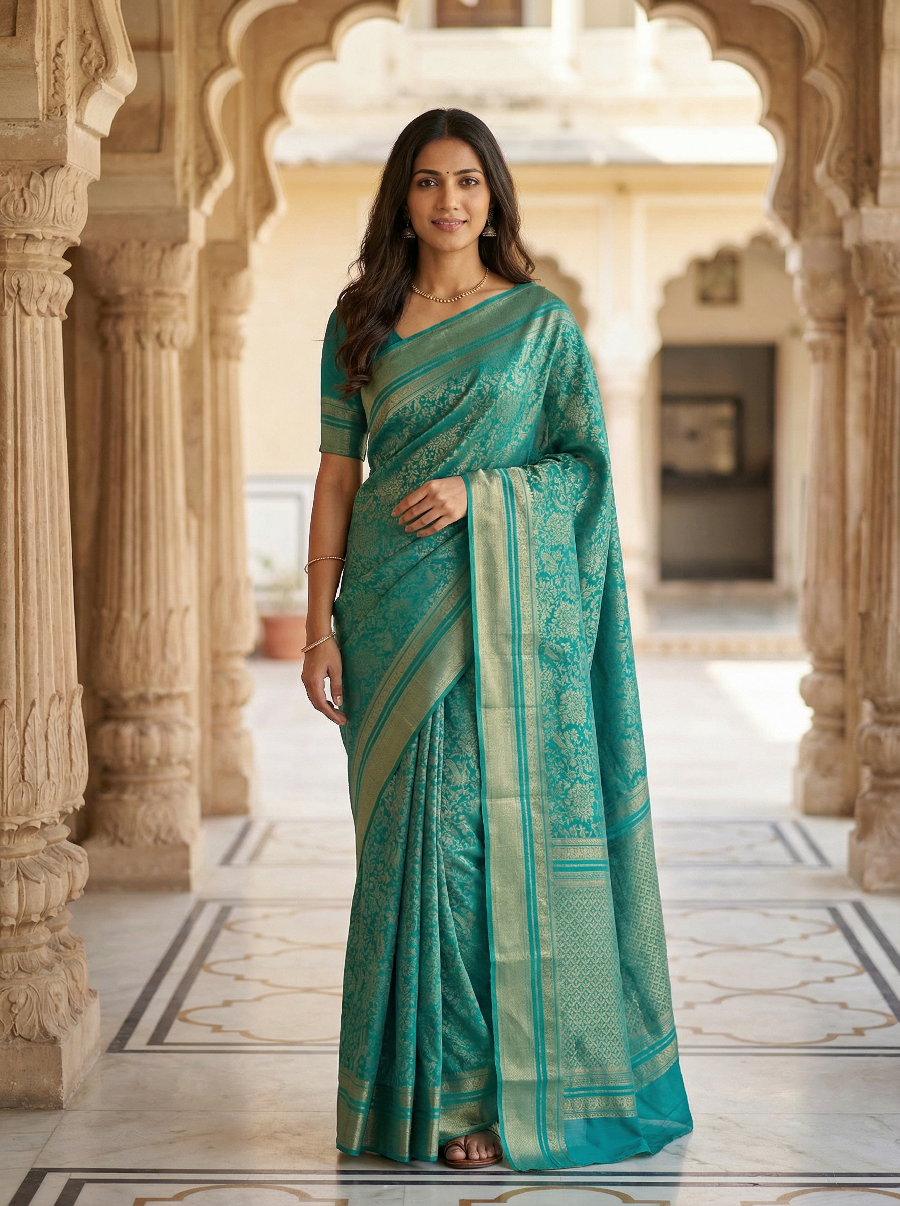 Georgette Banarasi Teal Blue Floral Zari Work Saree