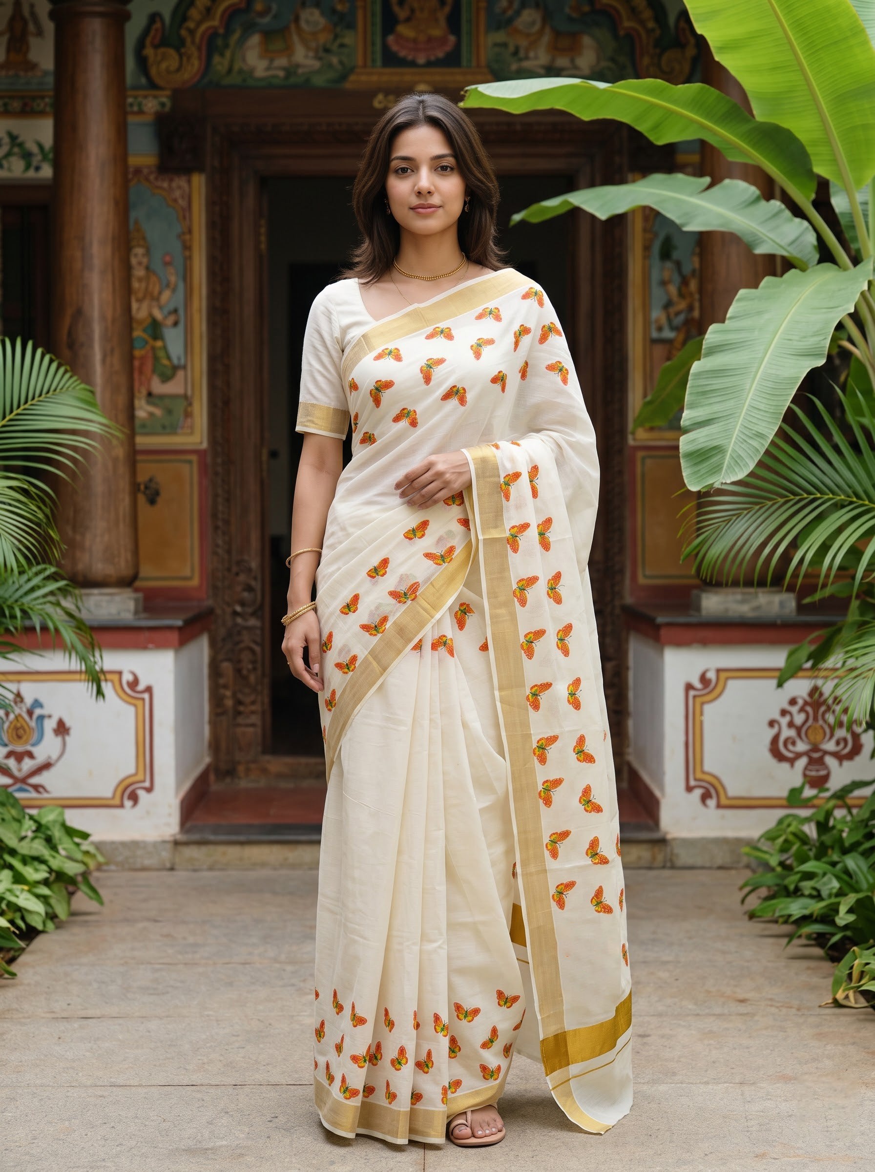 Cotton Cream Monarch Butterfly Print with Golden Zari Border Onam Festive Kerala Saree