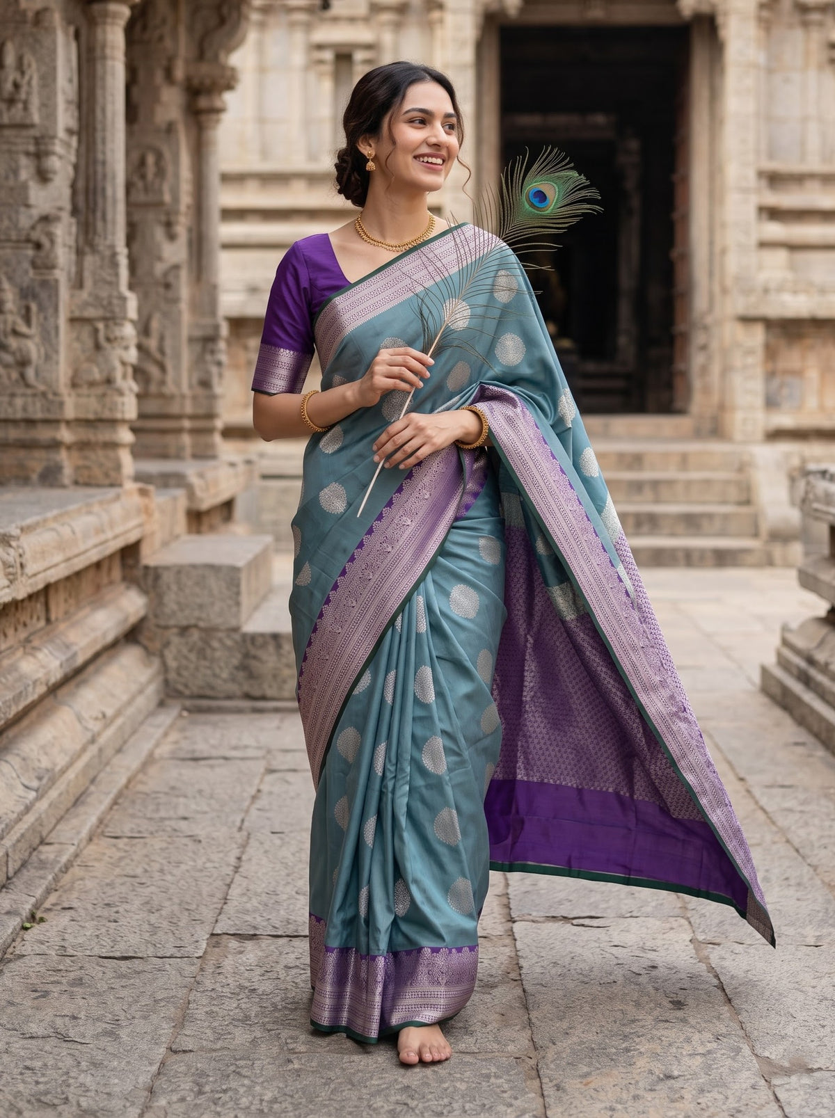 A woman wearing a teal and purple silk saree with metallic zari patterns walks barefoot in a stone corridor. She holds a peacock feather, and the background features ancient stone pillars and steps.