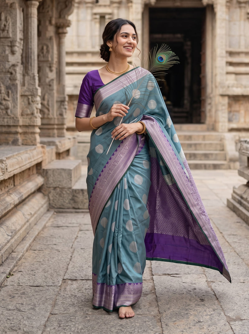 A woman wearing a teal and purple silk saree with metallic zari patterns walks barefoot in a stone corridor. She holds a peacock feather, and the background features ancient stone pillars and steps.