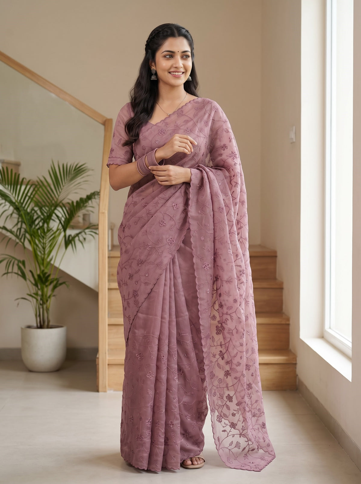 Tissue Silk Dusty Rose Floral Vine Sequins Work Saree