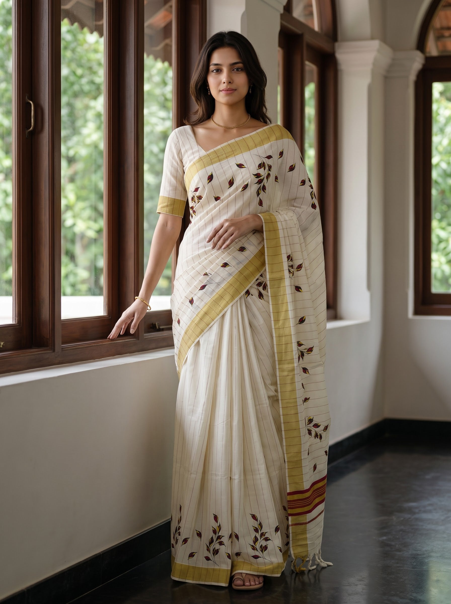 Cotton Cream Pinstripe with Golden Border and Autumn Leaf Print Onam Special Kerala Saree