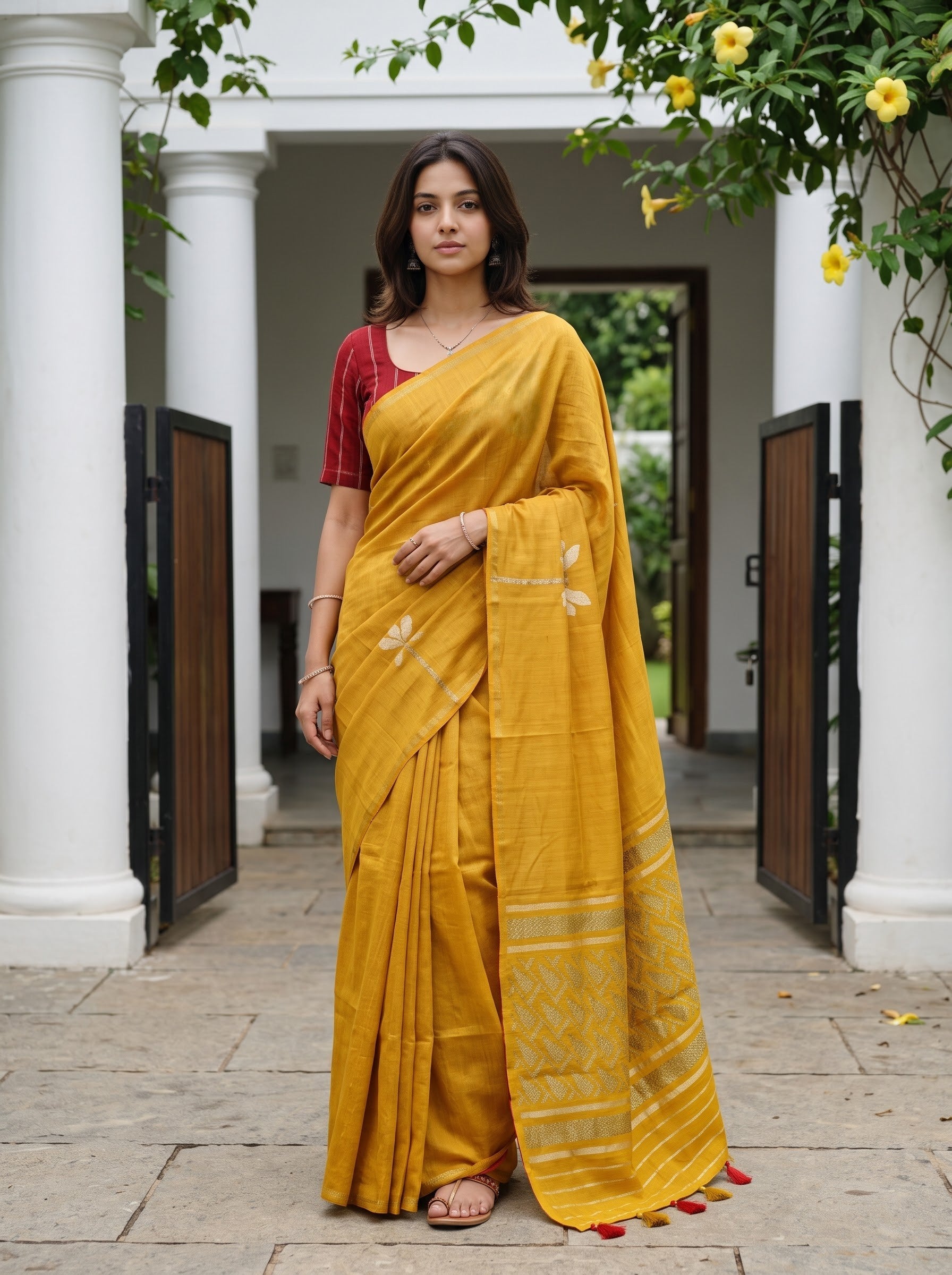 A woman wearing a mustard yellow saree with a red sleeveless blouse, standing in a courtyard with white pillars and green foliage.