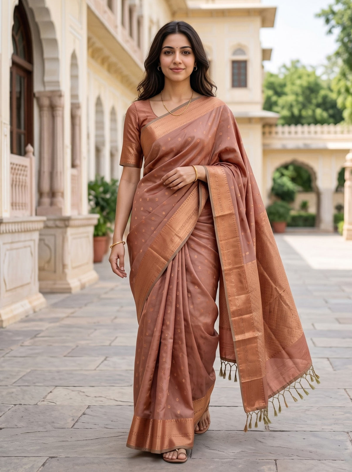 Semi Silk Dusty Peach Copper Zari Butta Saree with Wide Zari Border Pallu