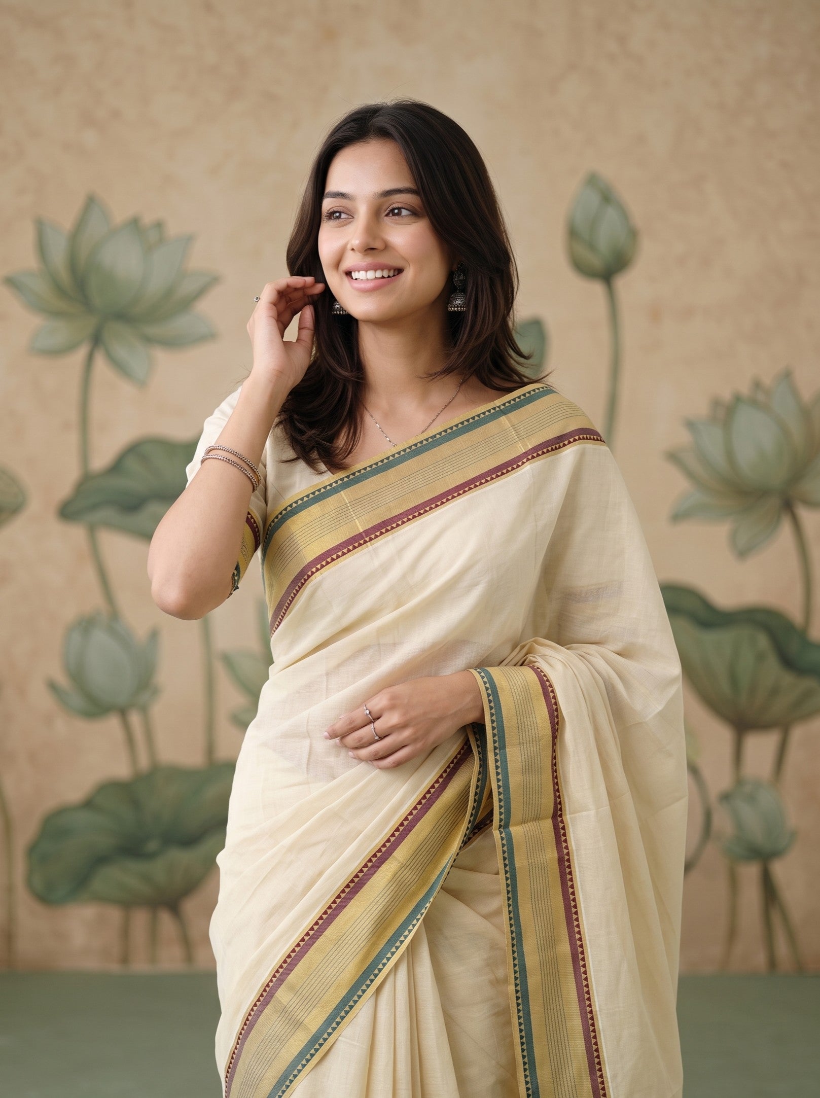 A woman wearing a cream-colored sari with green and red border stripes, standing in front of a beige wall with a painted lotus motif.