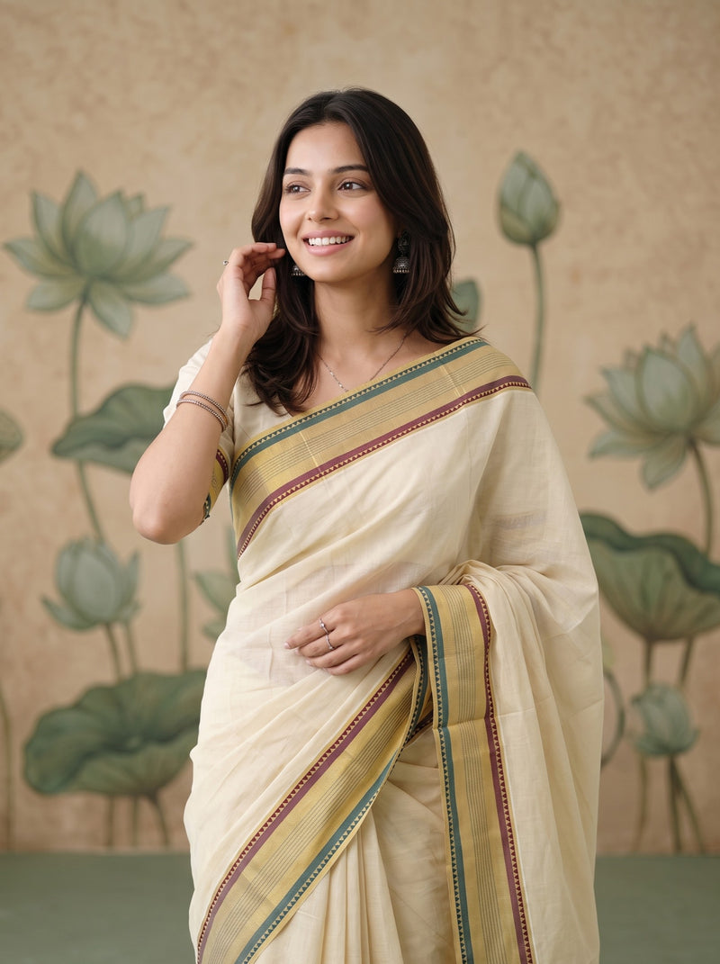 A woman wearing a cream-colored sari with green and red border stripes, standing in front of a beige wall with a painted lotus motif.