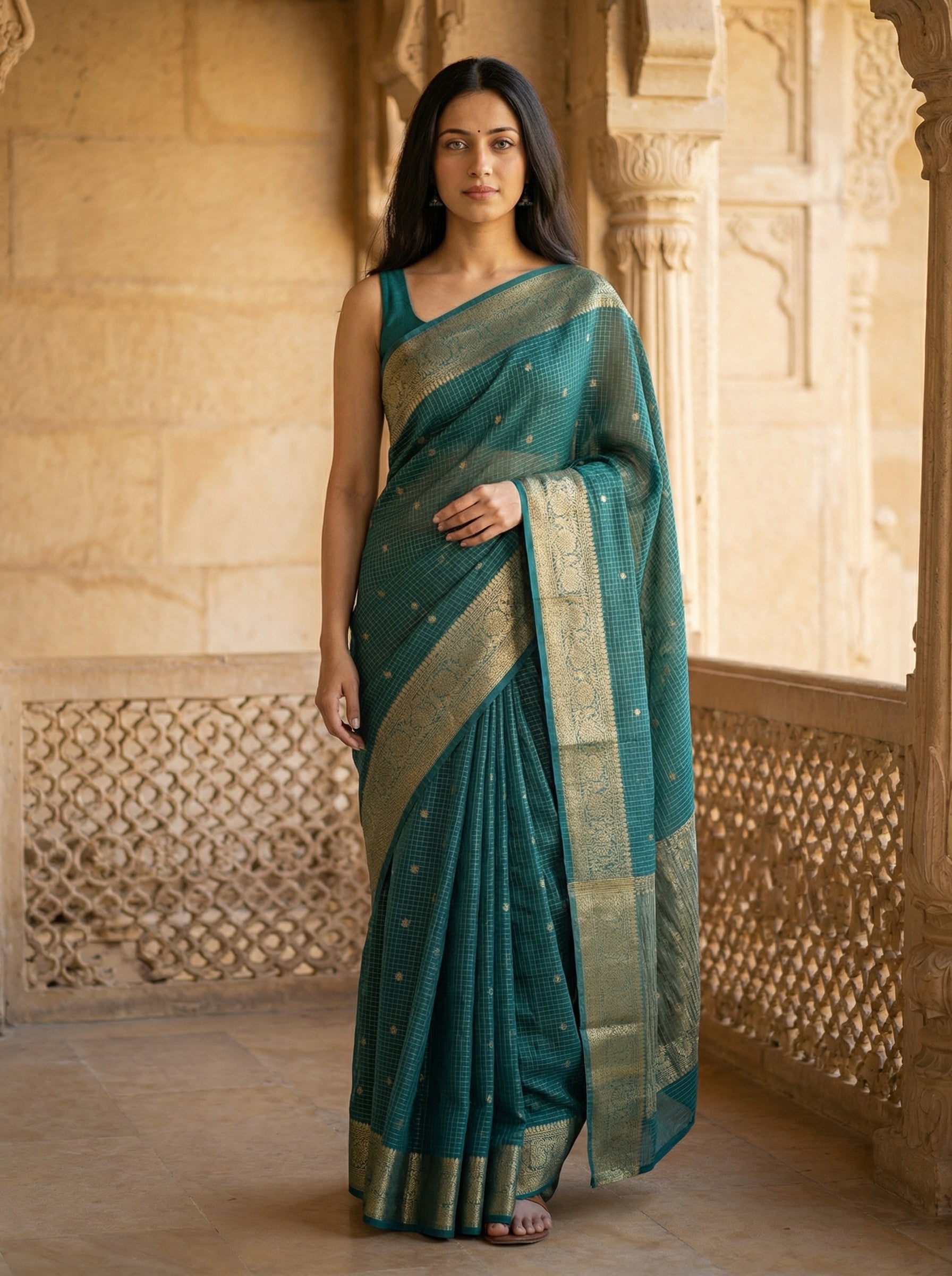 Georgette Banarasi Teal Green Rich Zari Butta Saree