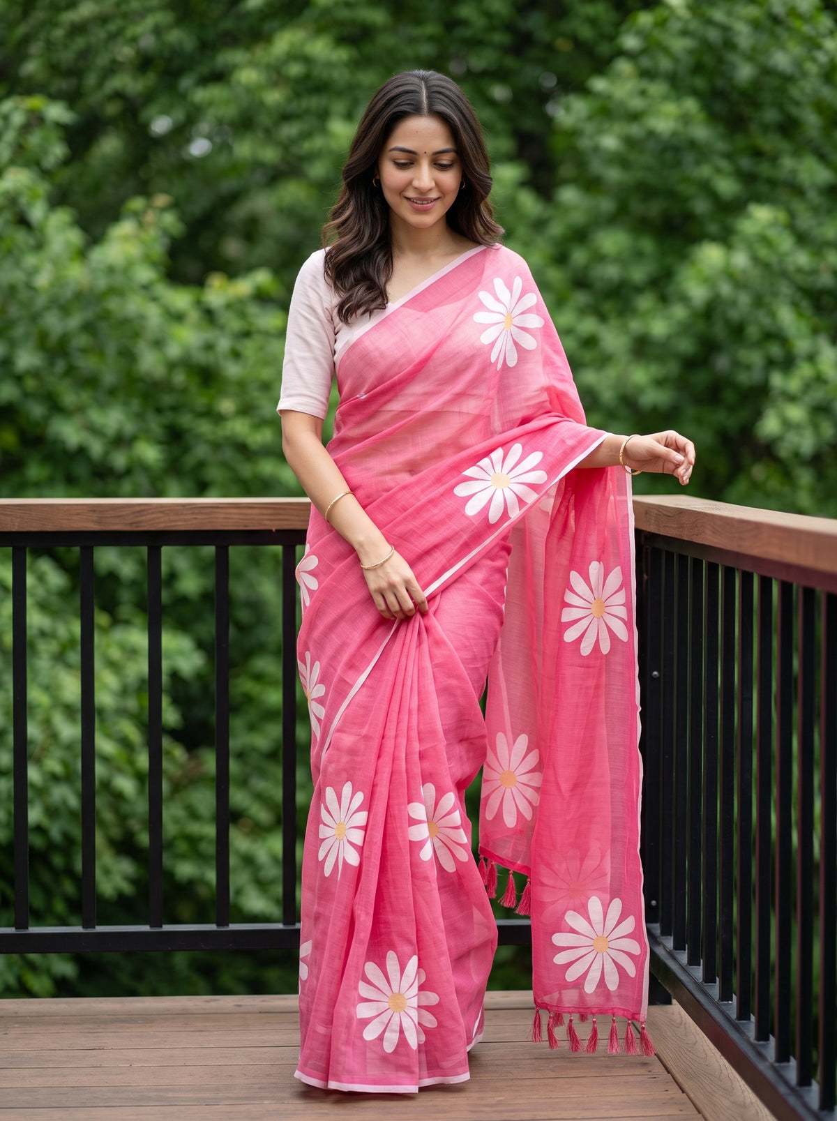 Cotton Pink Saree with White Daisy Floral Print