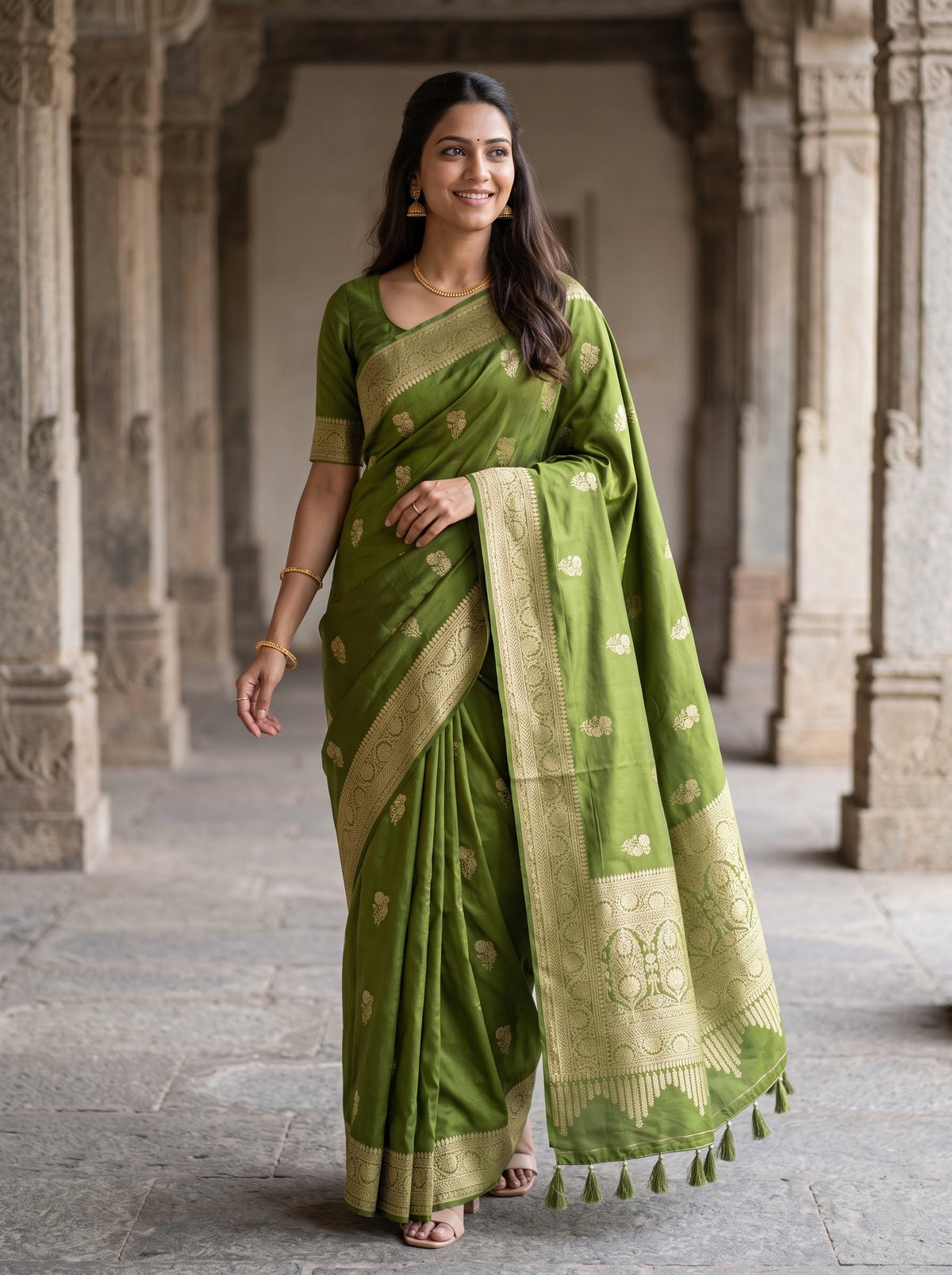A woman wearing a green Banarasi silk saree with gold zari floral motifs and a wide gold border, standing in a stone corridor.