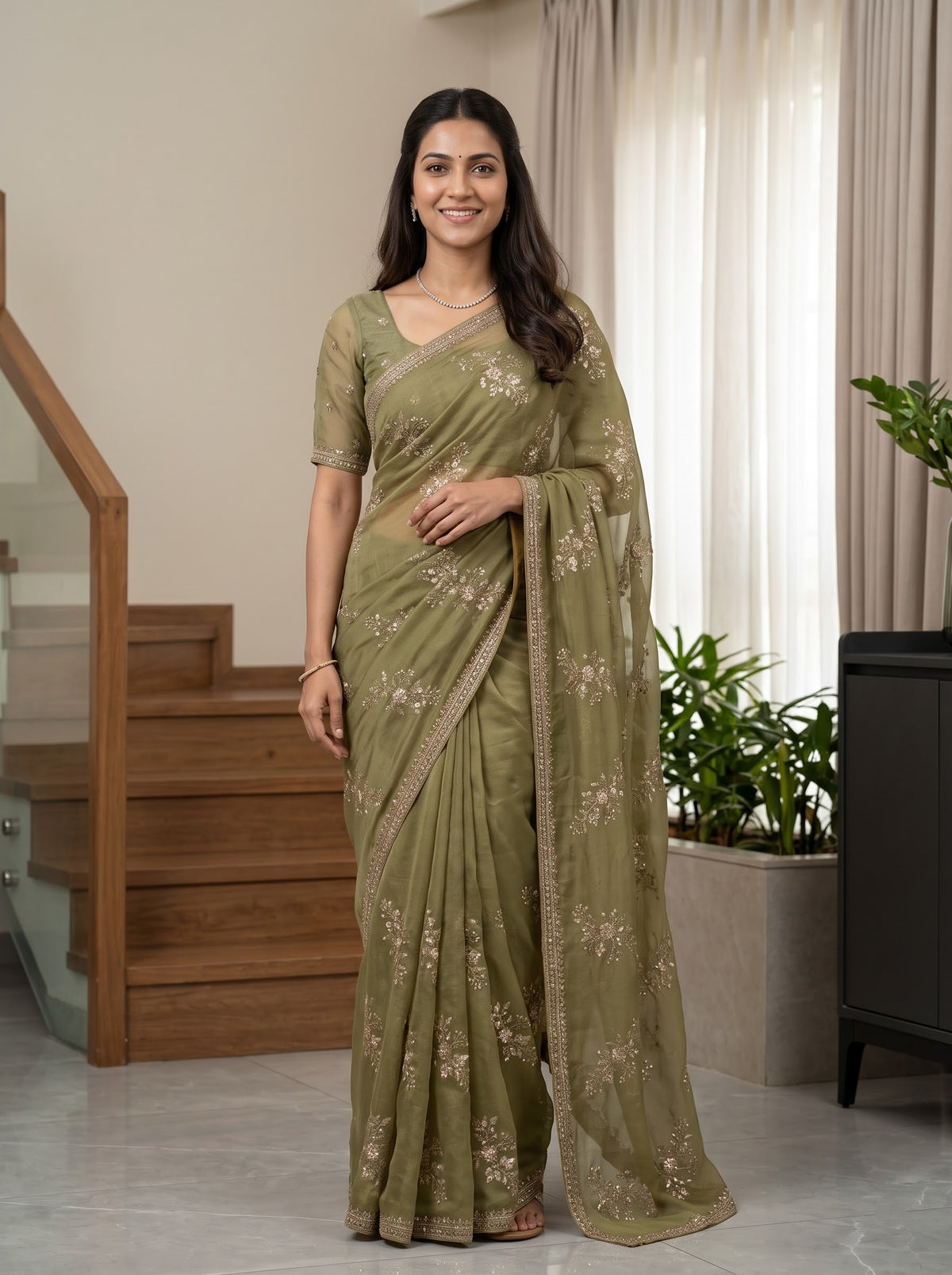 Chiffon Olive Green Sequin Floral Branch Saree