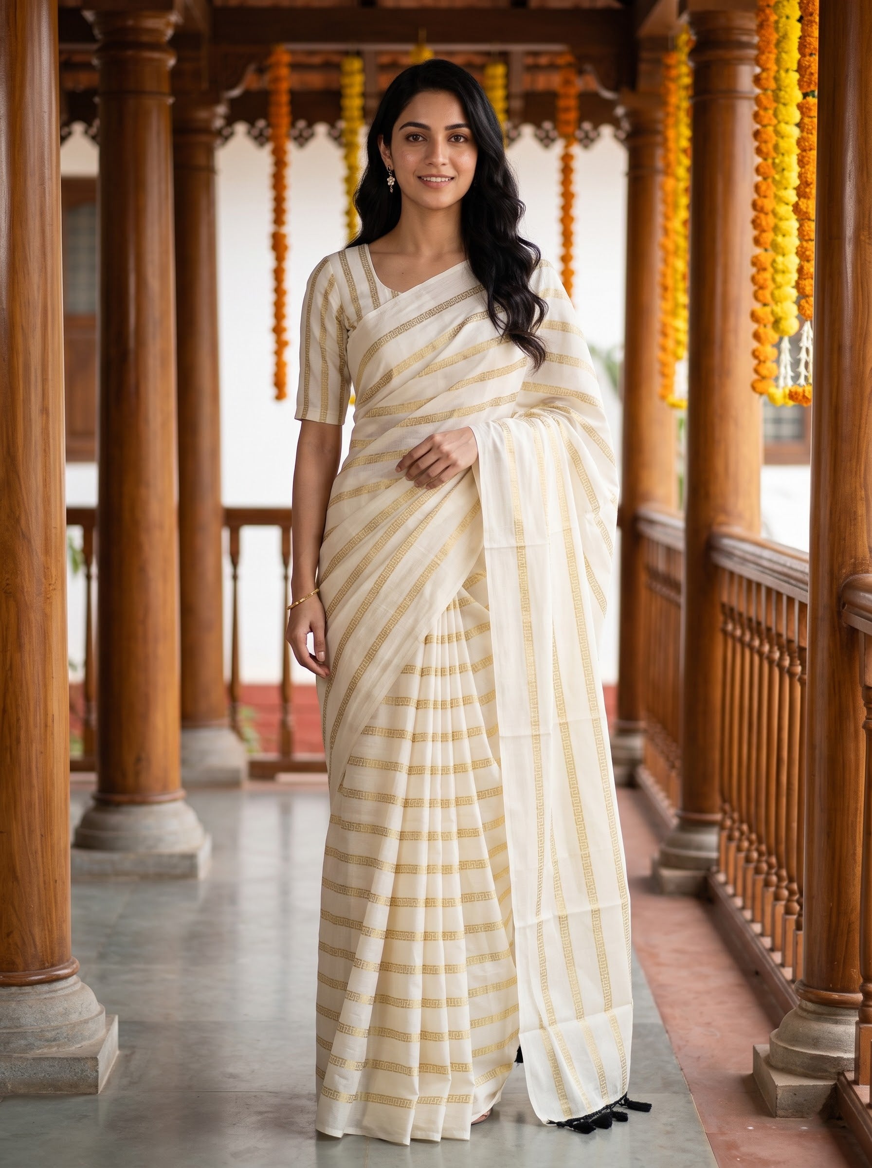 Cotton Cream Golden Greek Key Stripe with Black Tassels Onam Special Kerala Saree