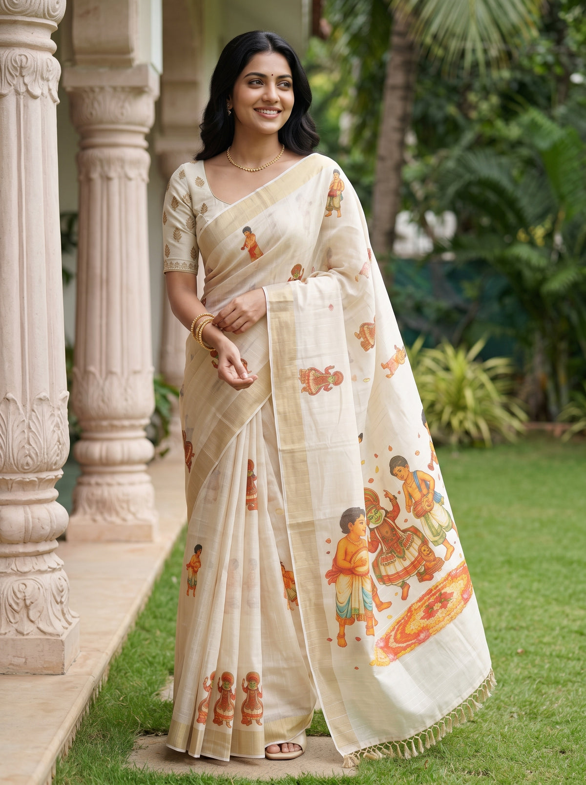 A woman wearing a cream-colored cotton saree with orange and yellow traditional illustrations, standing outdoors in front of a stone pillar and green garden background.