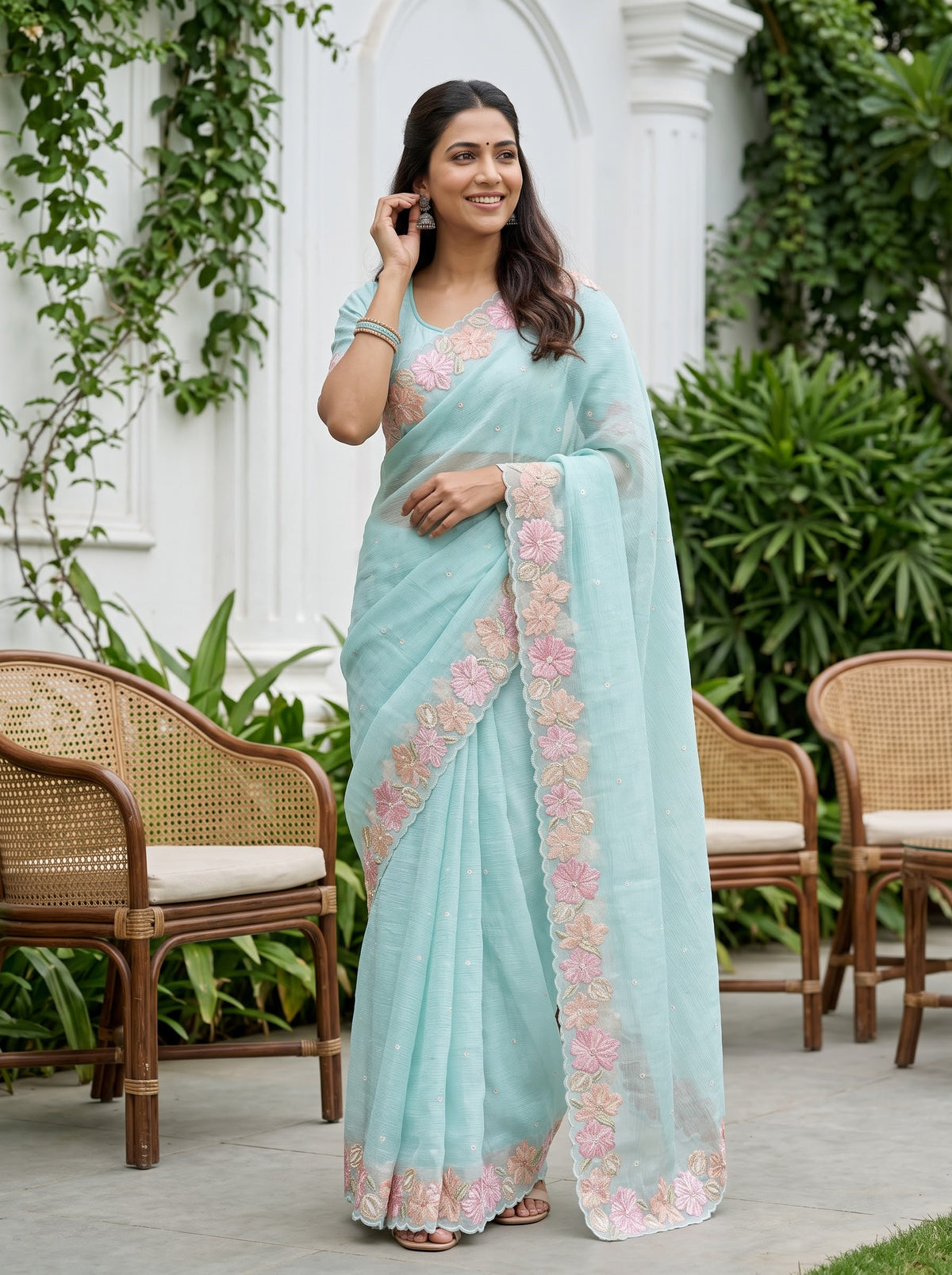 Organza Mint Green Saree with 3D Floral Embellished Border