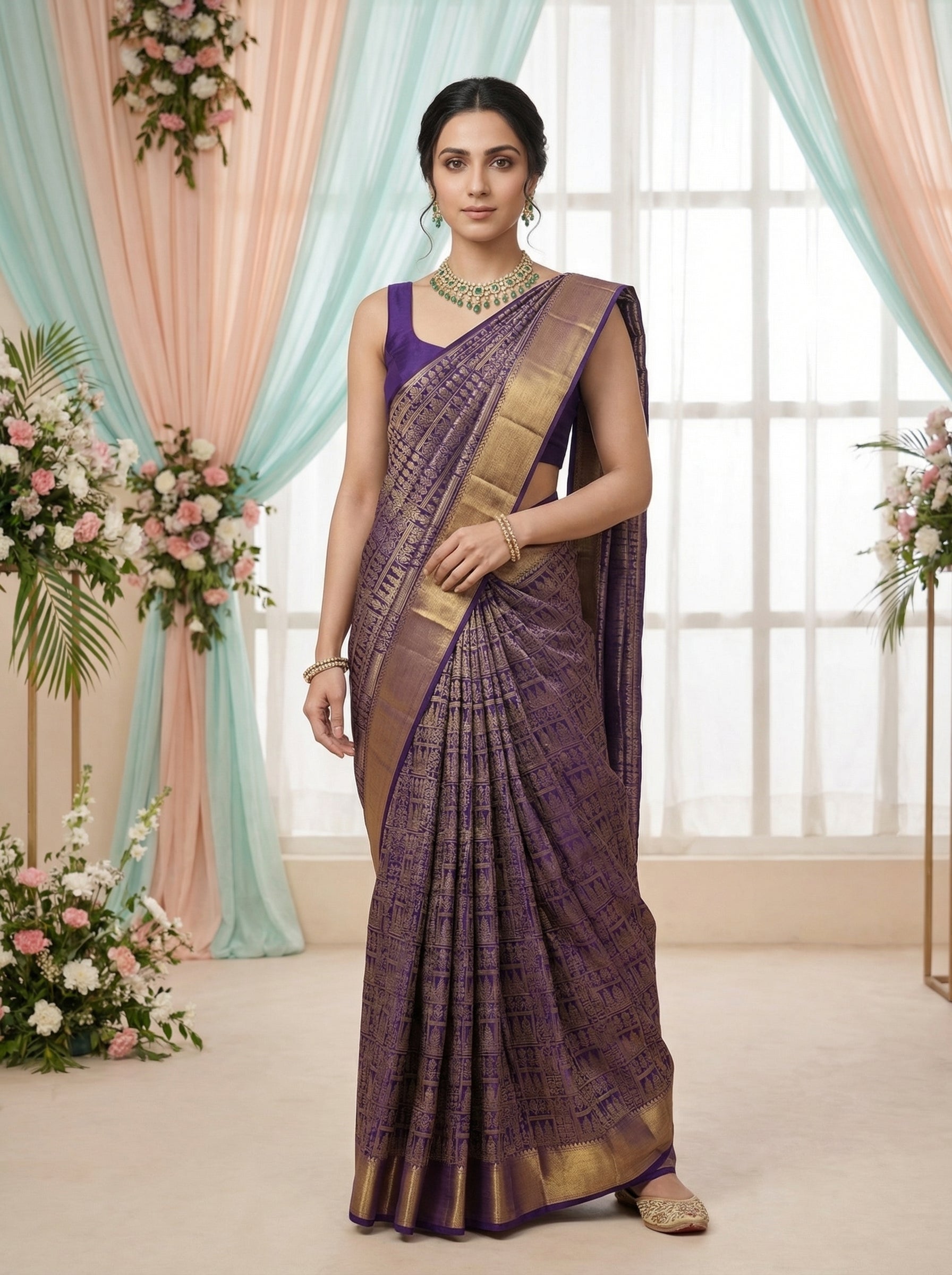 Woman in a Kanjivarm silk purple saree with gold border standing in a decorated room with flowers and curtains.