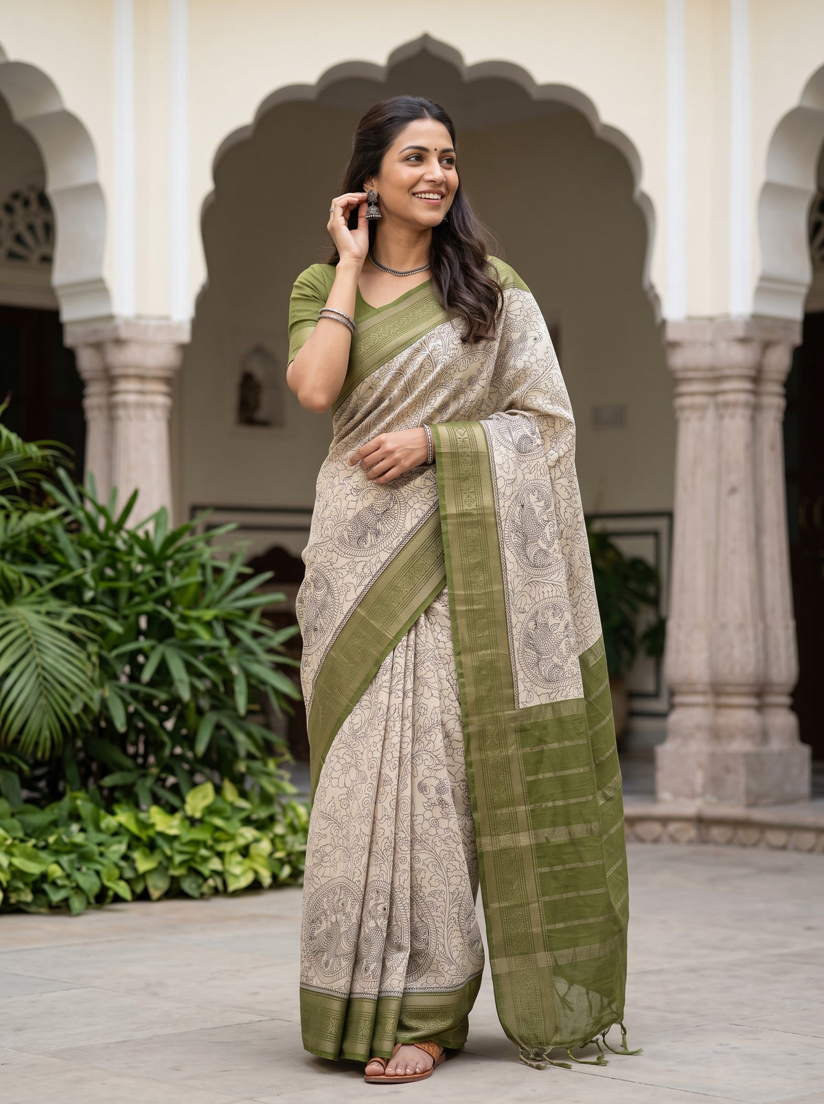 Pure Chanderi Off-White Black Kalamkari Peacock Print Saree(image correcton)