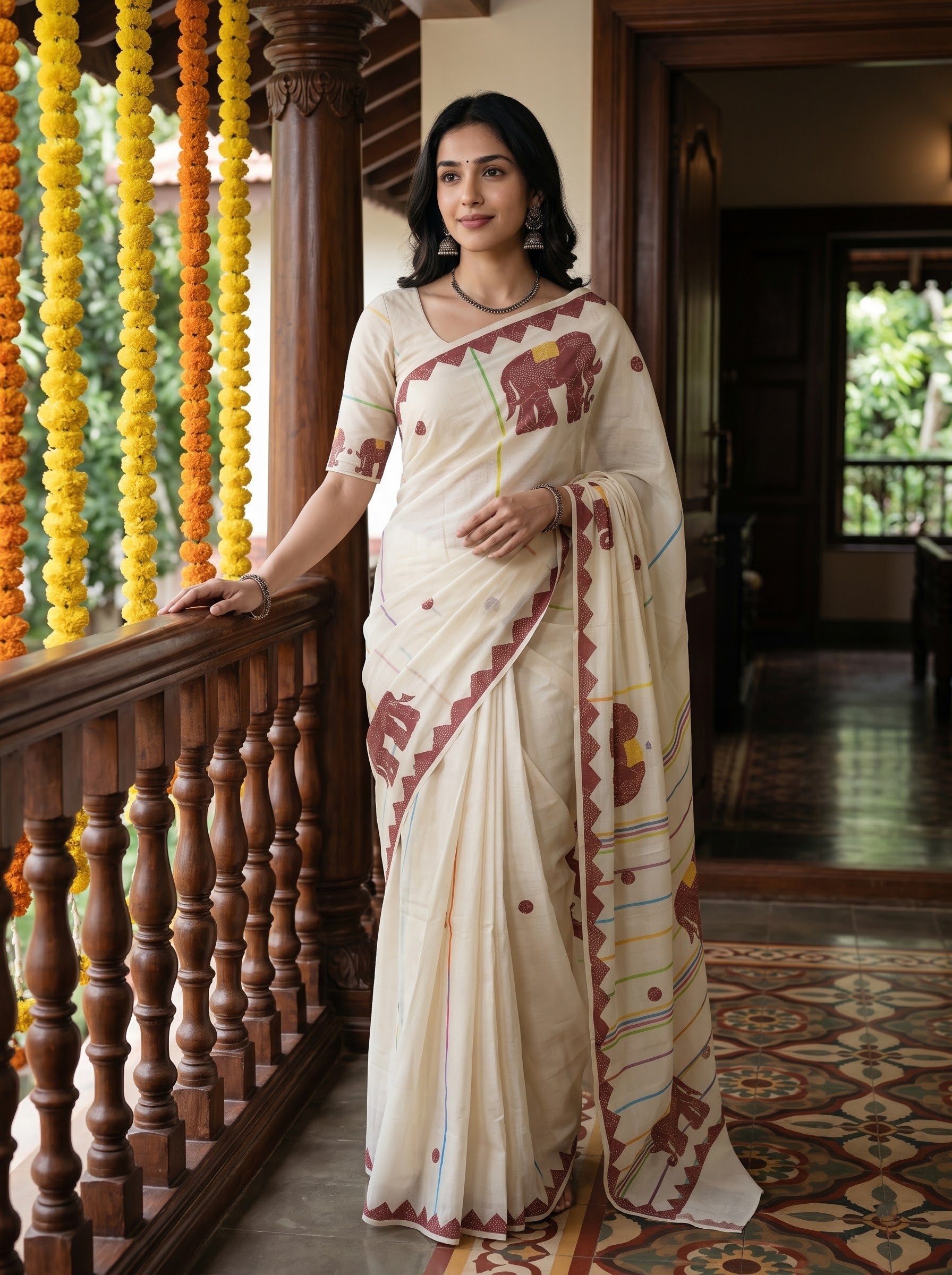 Cotton Cream Maroon Madhubani Elephant Print with Tribal Border Onam Special Kerala Saree