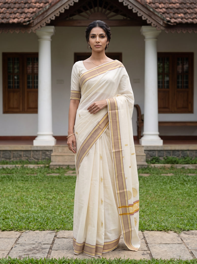 A woman stands outdoors in front of a house with white pillars and a tiled roof, wearing a cream-colored saree with beige and gold border details. The background shows green grass and the building facade.