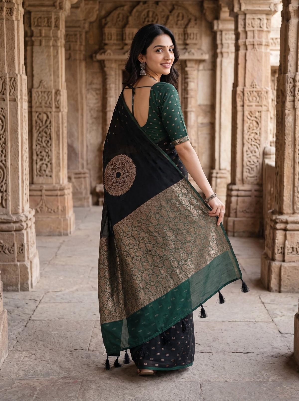 Cotton Silk Black Golden Mandala Bottle Green Brocade Pallu