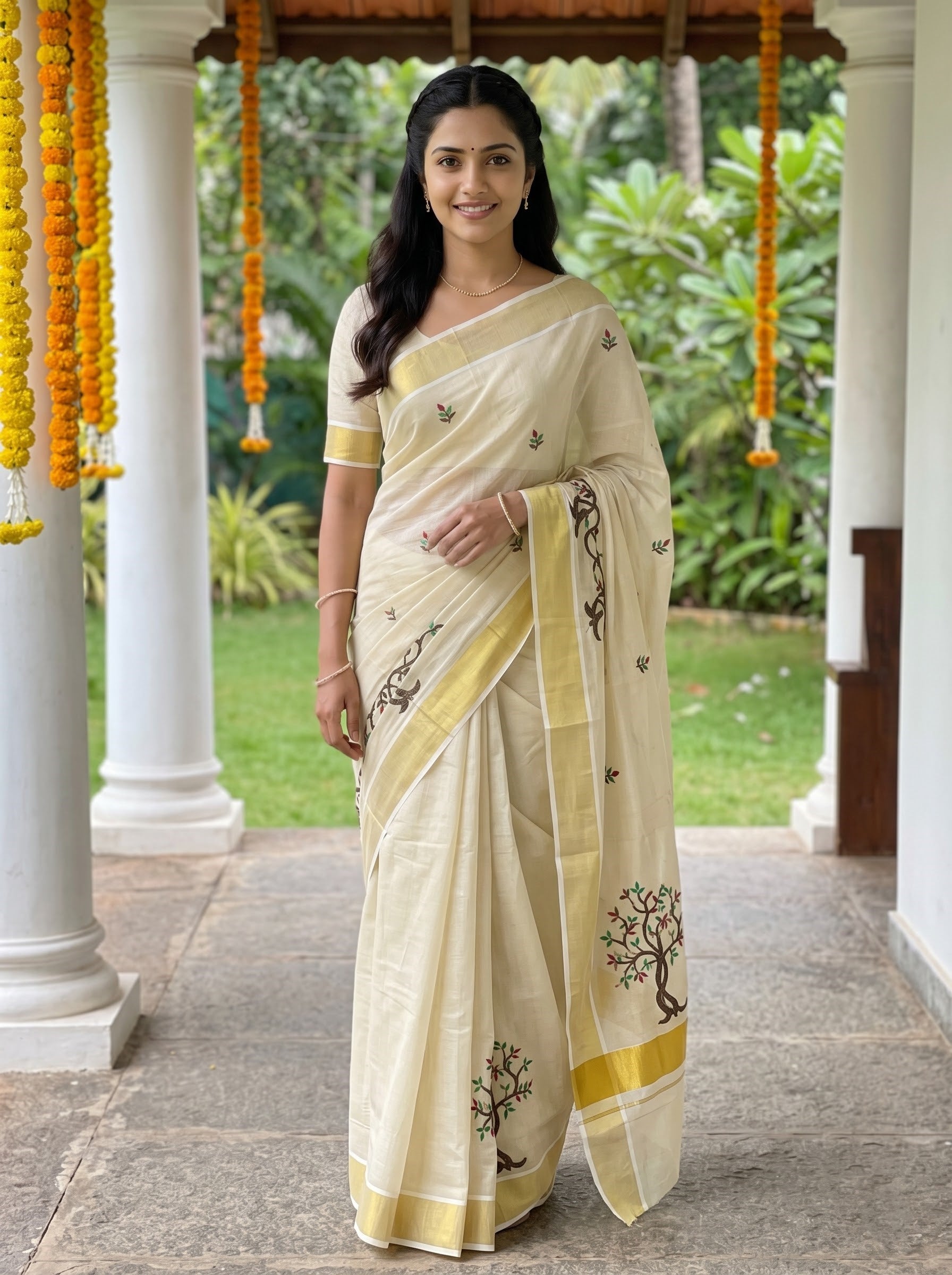 Tissue Cream Multicolor Leaf Butti with Gold Border for Onam Special Kerala Saree