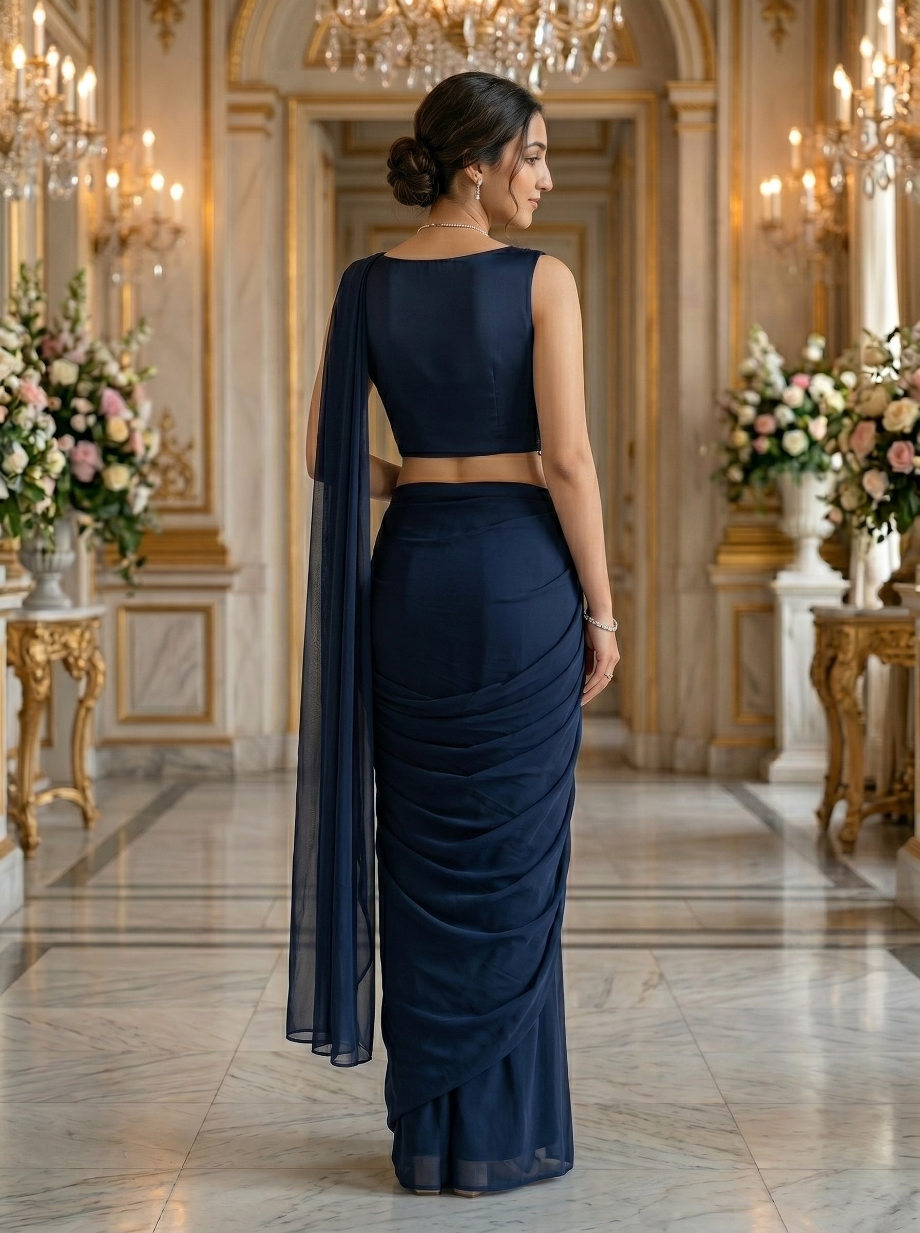 Lycra Satin Navy Blue Sequined Embellished  Ready-to-Wear Saree with Designer Blouse