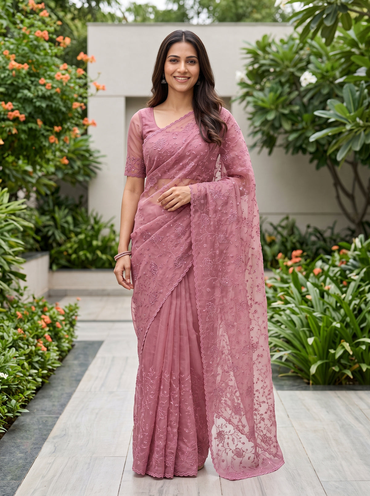 Organza Pink Saree with All-Over Floral Embroidery and Sequins
