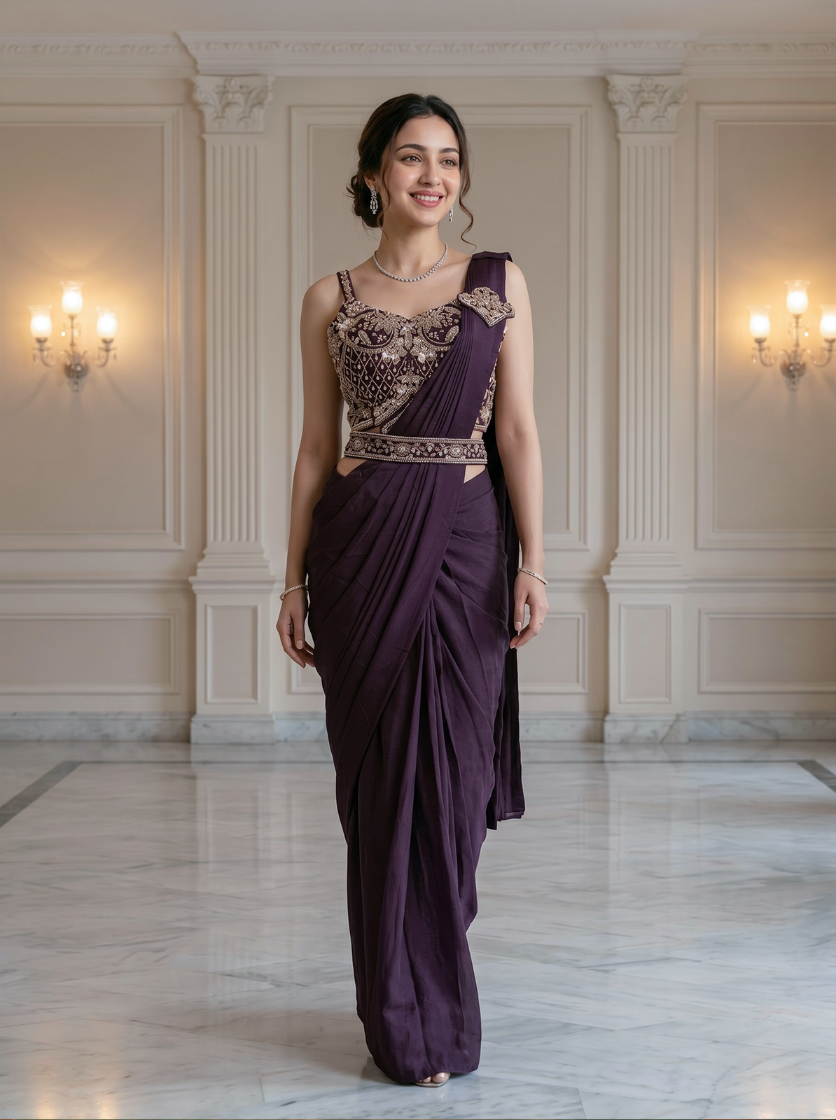 Woman in a purple saree with gold embroidery standing in an elegant room.