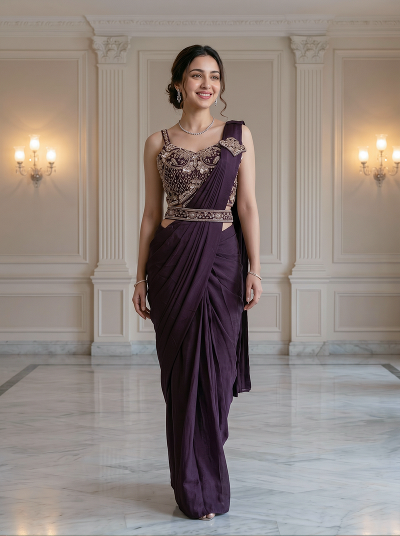 Woman in a purple saree with gold embroidery standing in an elegant room.