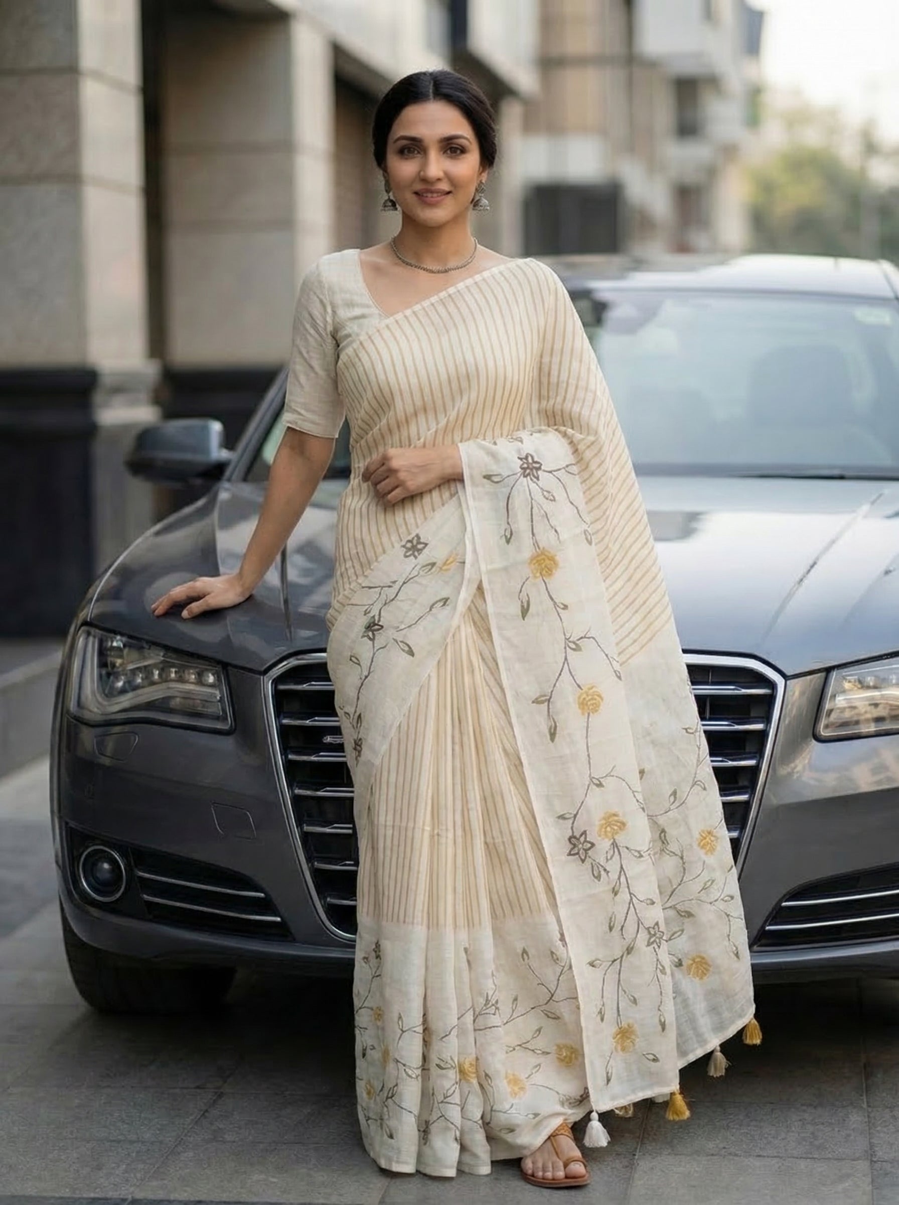 Linen Off White Stripe Pattern Embroidered Saree