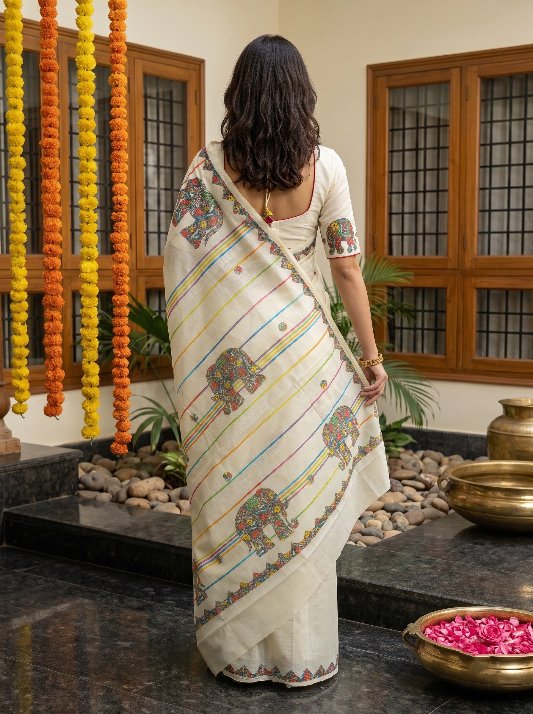 Cotton Cream Madhubani Elephant Print with Tribal Border Onam Special Kerala Saree