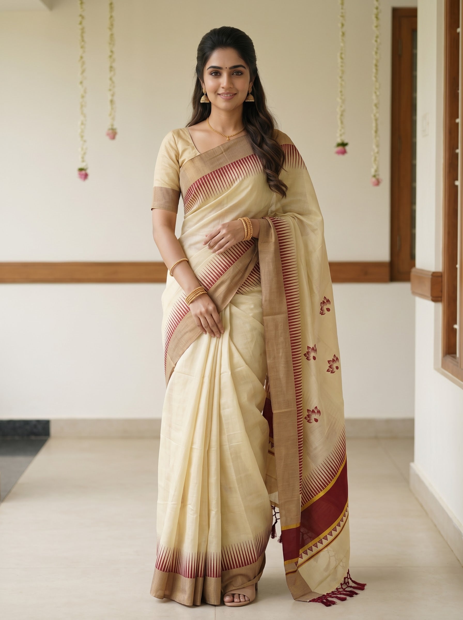 Tissue Golden Cream with Maroon Temple Border Onam Special Kerala Saree