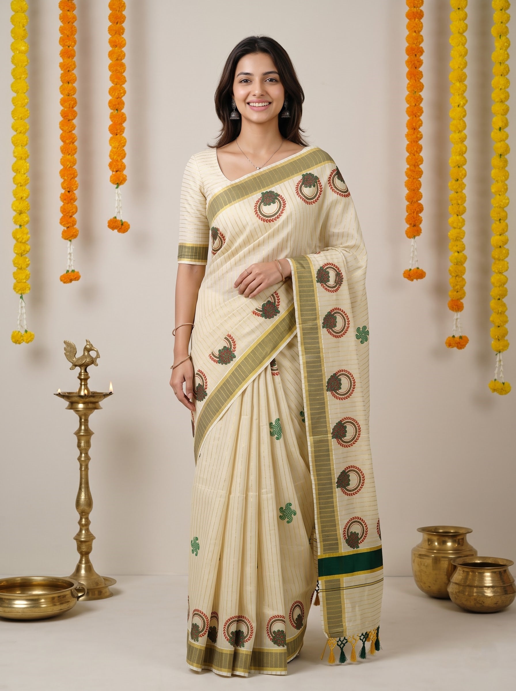 A woman modeling a cream-colored cotton saree with green and brown printed motifs and a striped border, standing in front of a neutral background decorated with hanging marigold garlands and brass lamps.