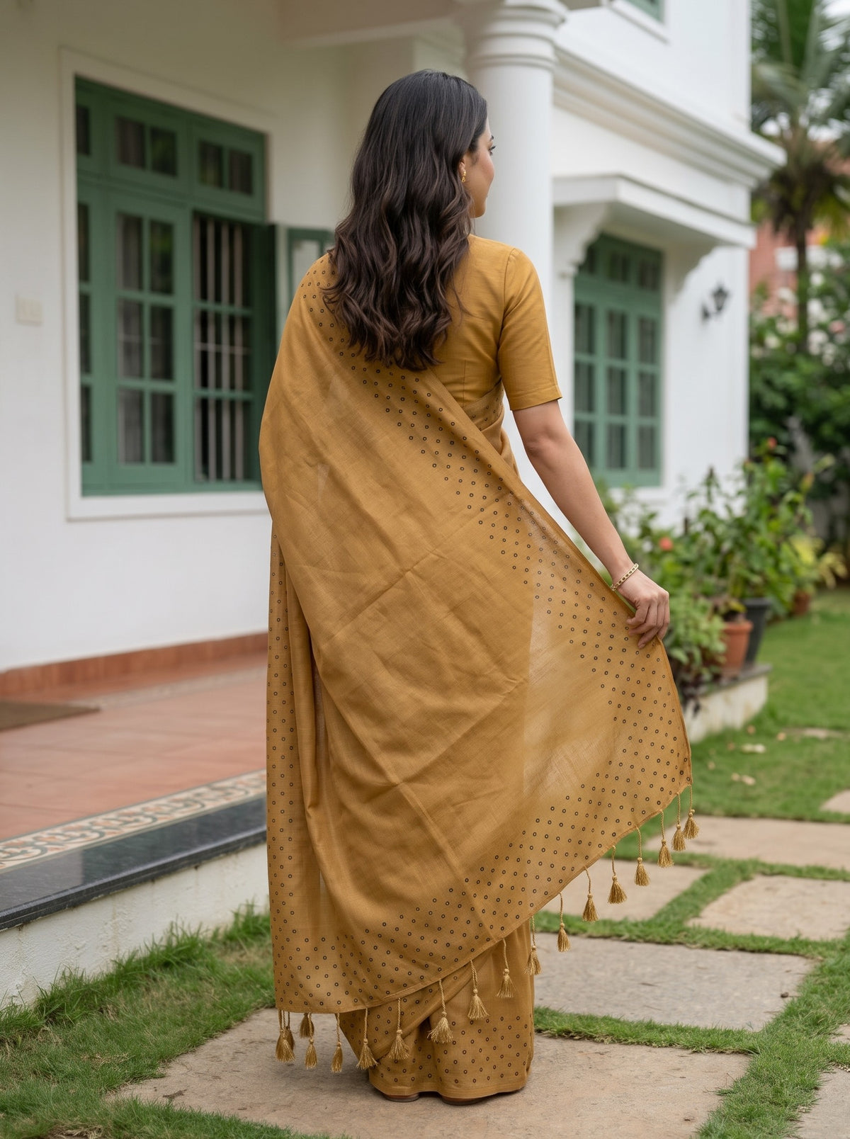 Chiffon Golden Saree with Scattered Dot Border Design