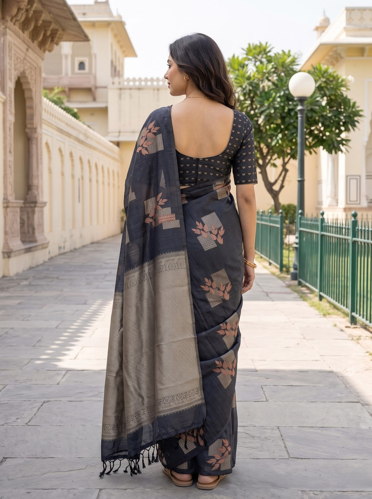 Semi Silk Black Copper Zari Leaf Butta Zari Pallu Saree with Tassels