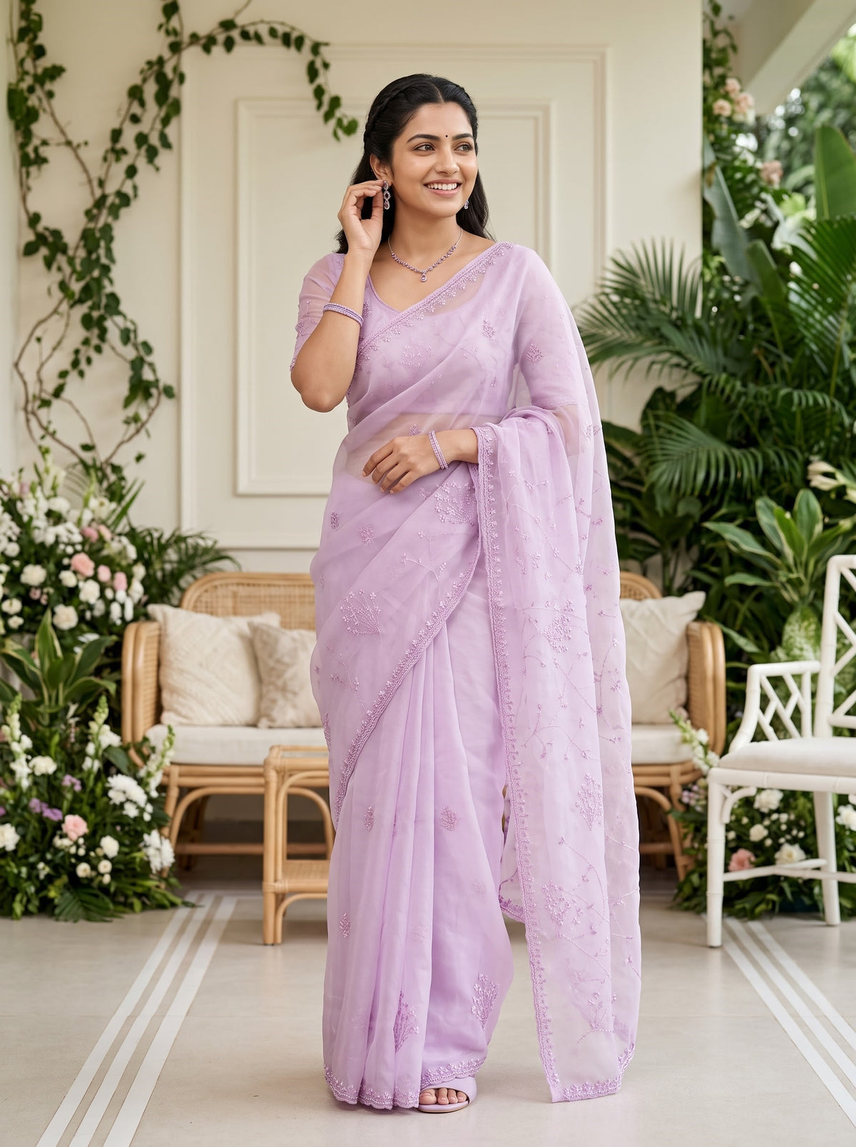 Organza Lilac Beaded Floral Saree with Embellished Border