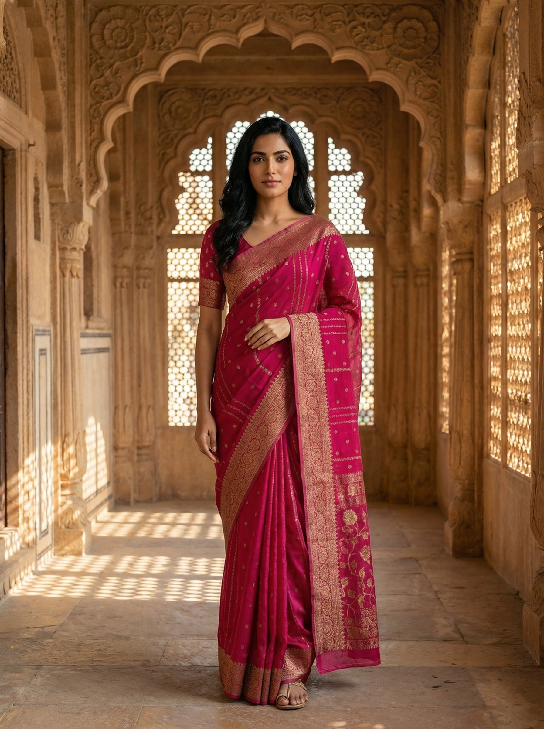 Georgette Banarasi  Rani Pink Gold Zari Stripe Saree