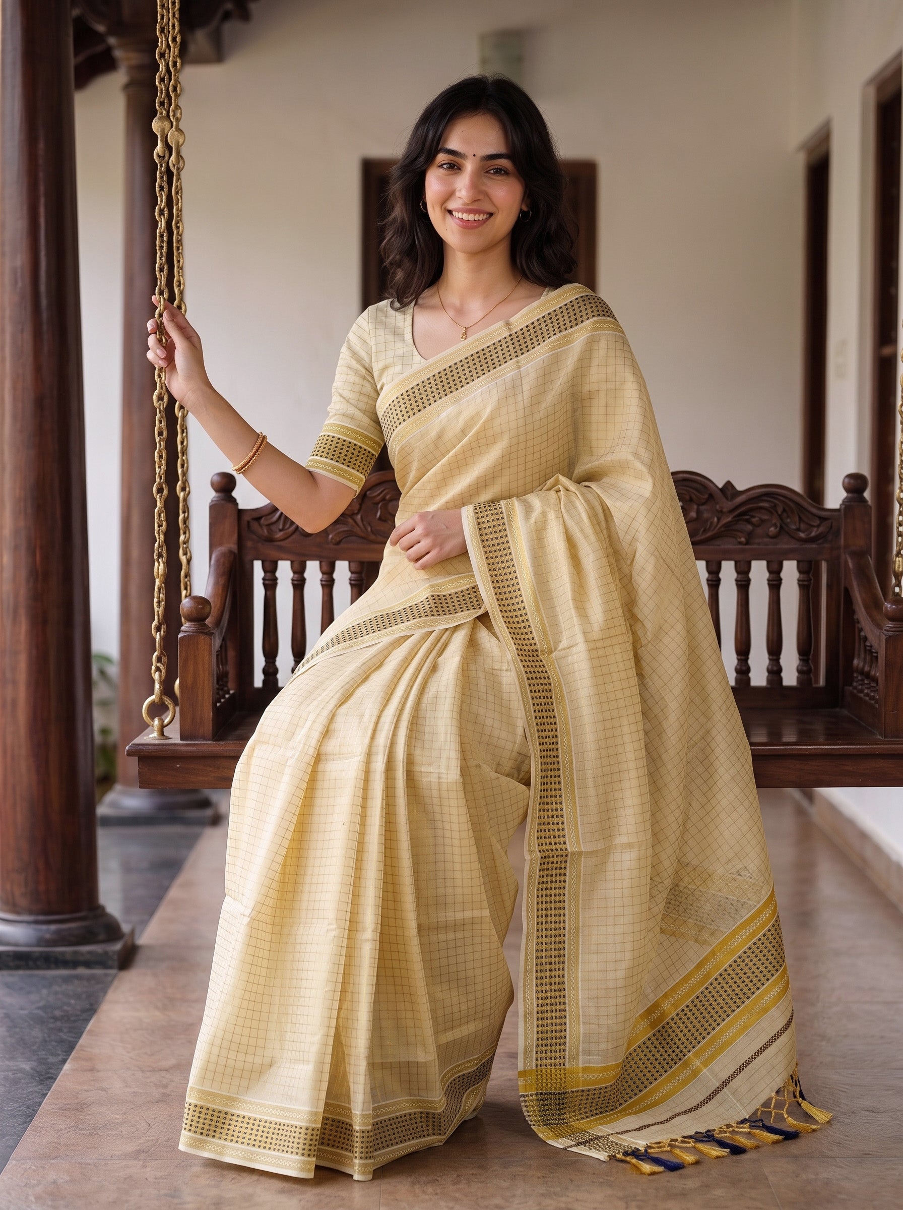 A woman wearing a light beige and yellow checkered saree with a yellow border, sitting on a wooden swing in a traditional indoor setting.