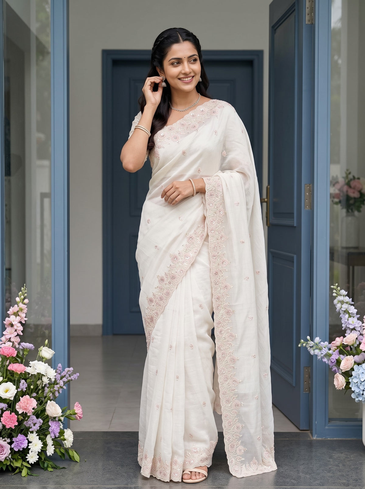 Organza Off White Blush Pink Floral Butta Sequin Embroidered Border Saree
