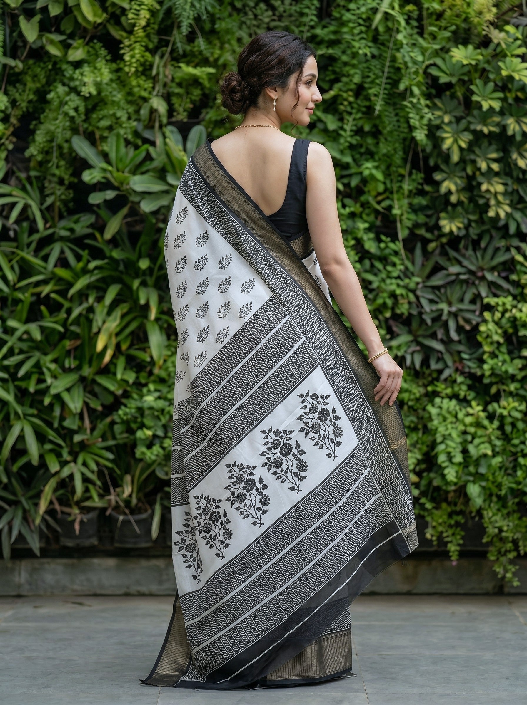 Synthetic White Black Floral Buta Print Saree with Traditional Black Zari Border