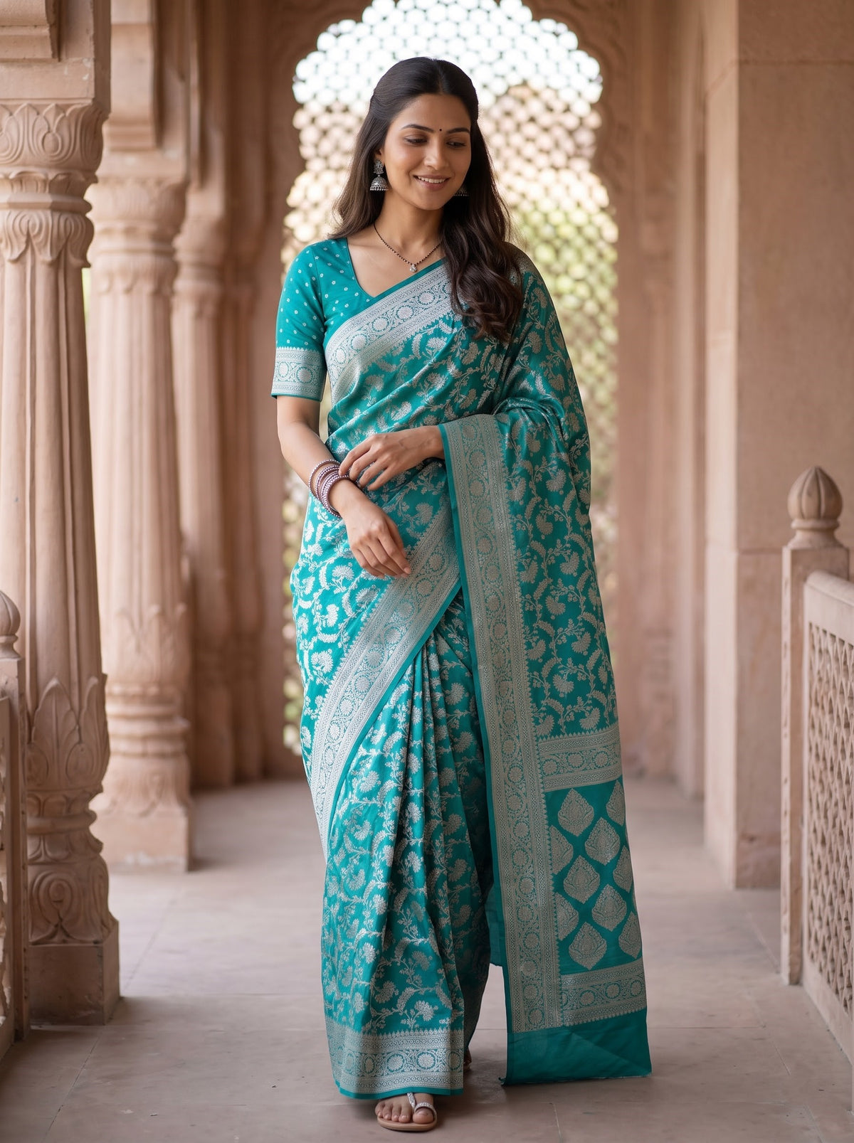 Banarasi Silk Teal and Zari Floral Diamond Jaal Saree
