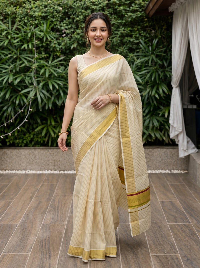 Woman in a traditional saree standing outdoors with greenery in the background