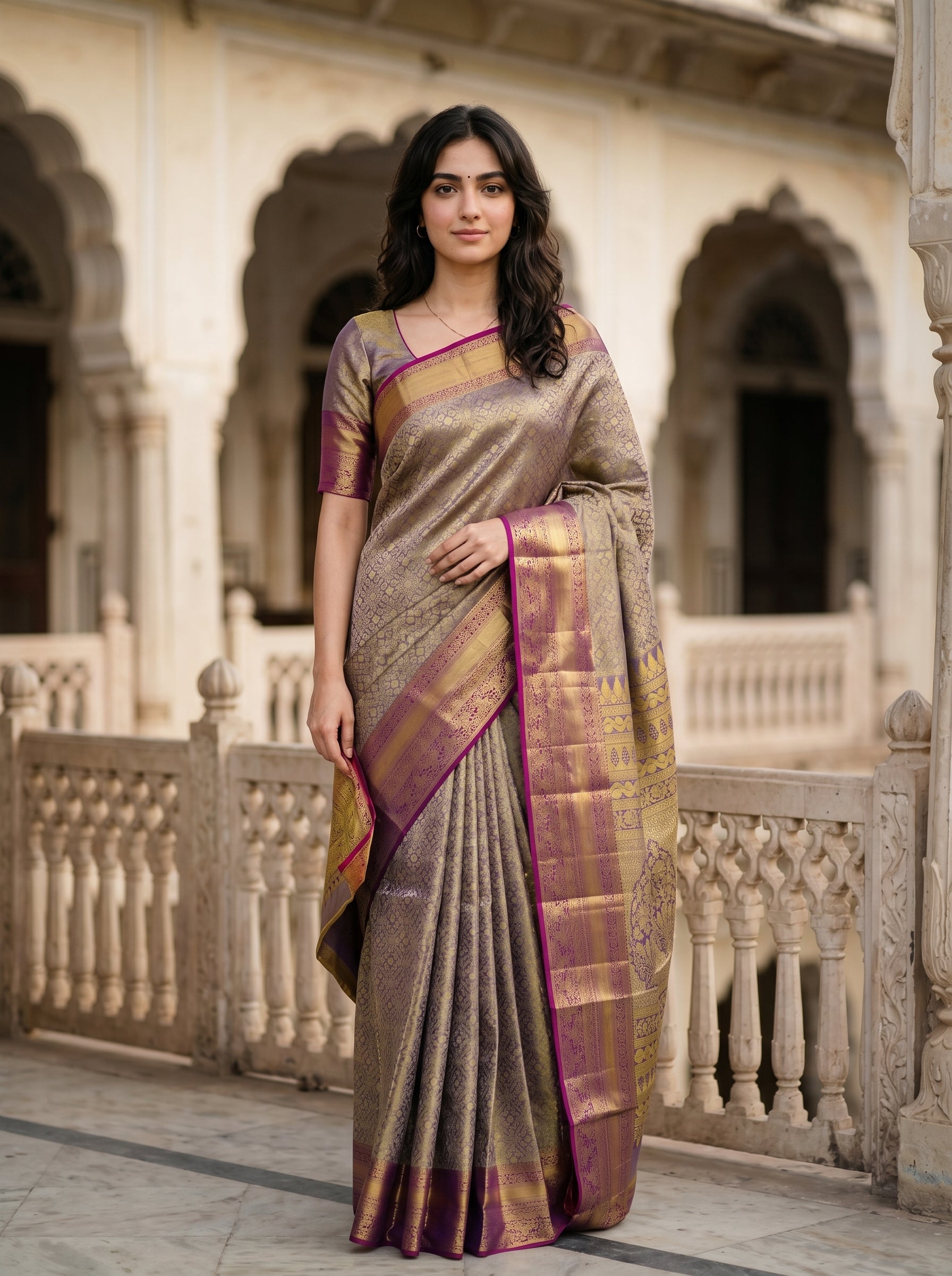 Woman in a traditional saree standing in an architectural setting