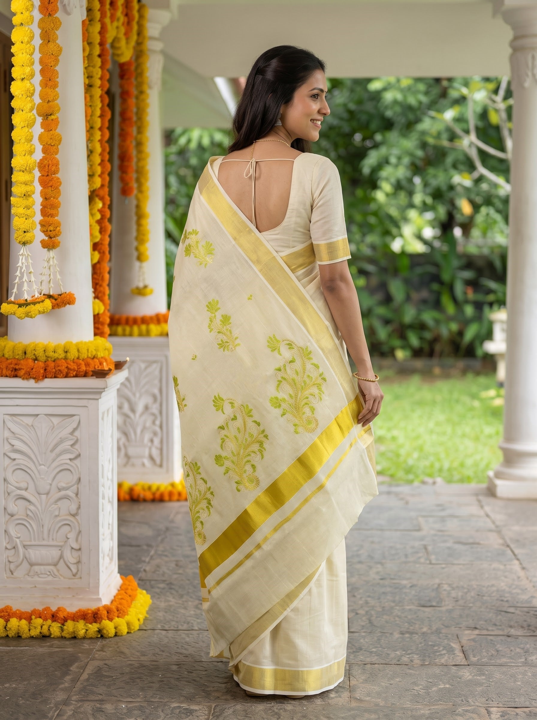 Tissue Cream Gold Green Embroidered Fern Print Onam Special Kerala Saree