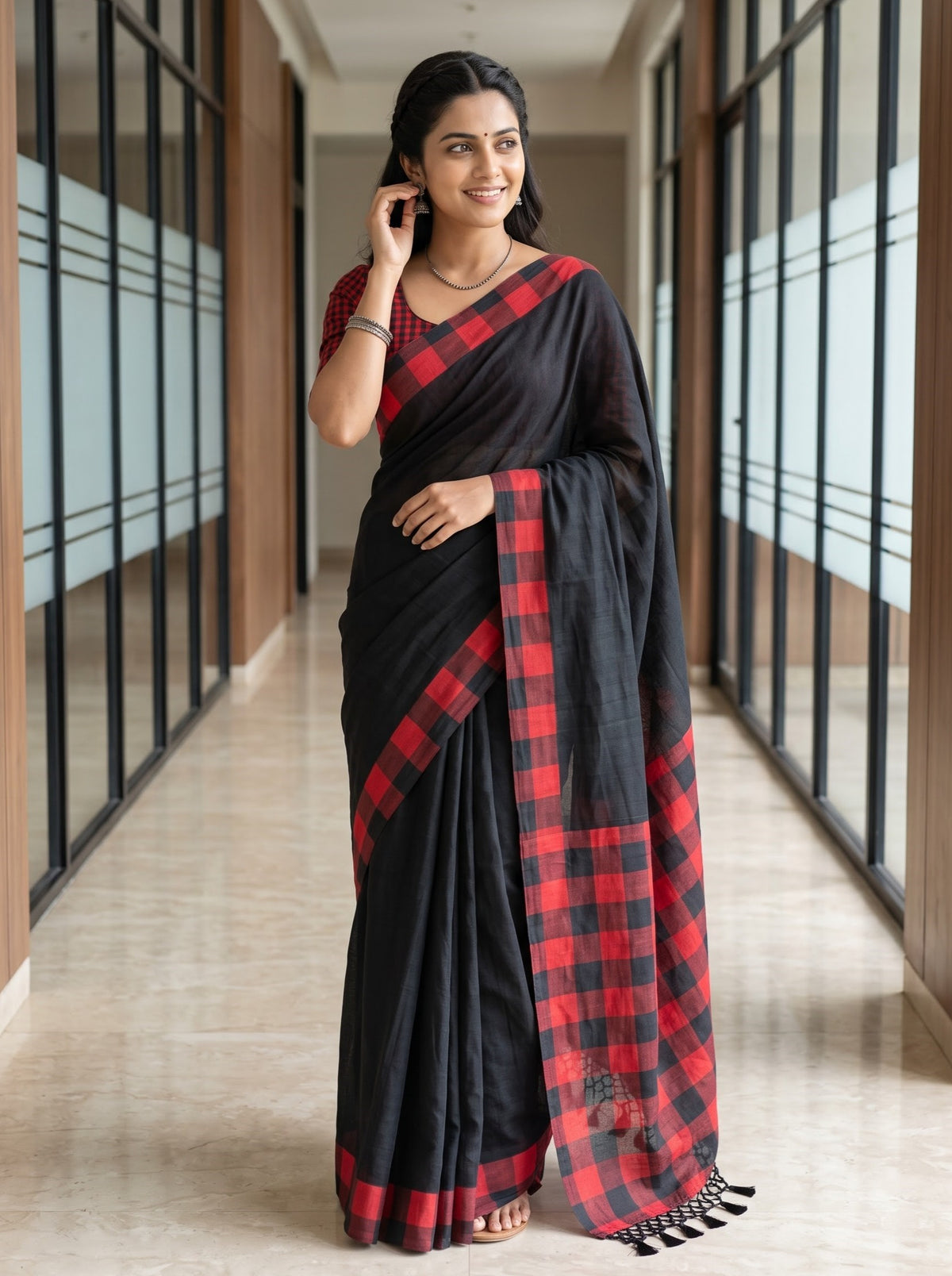 A woman wearing a black saree with a red and black checkered border and pallu, standing in a modern indoor hallway with glass-paneled walls.