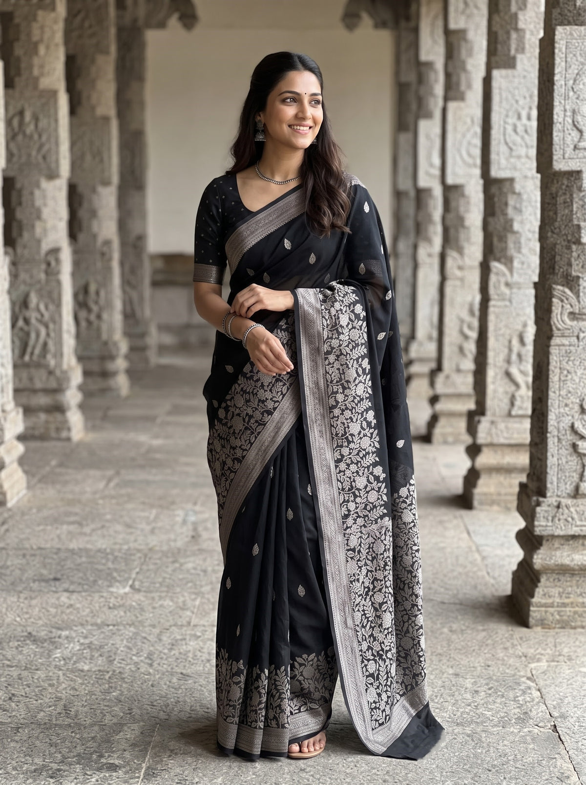 Banarasi Silk Black and Floral Vine Pallu Saree
