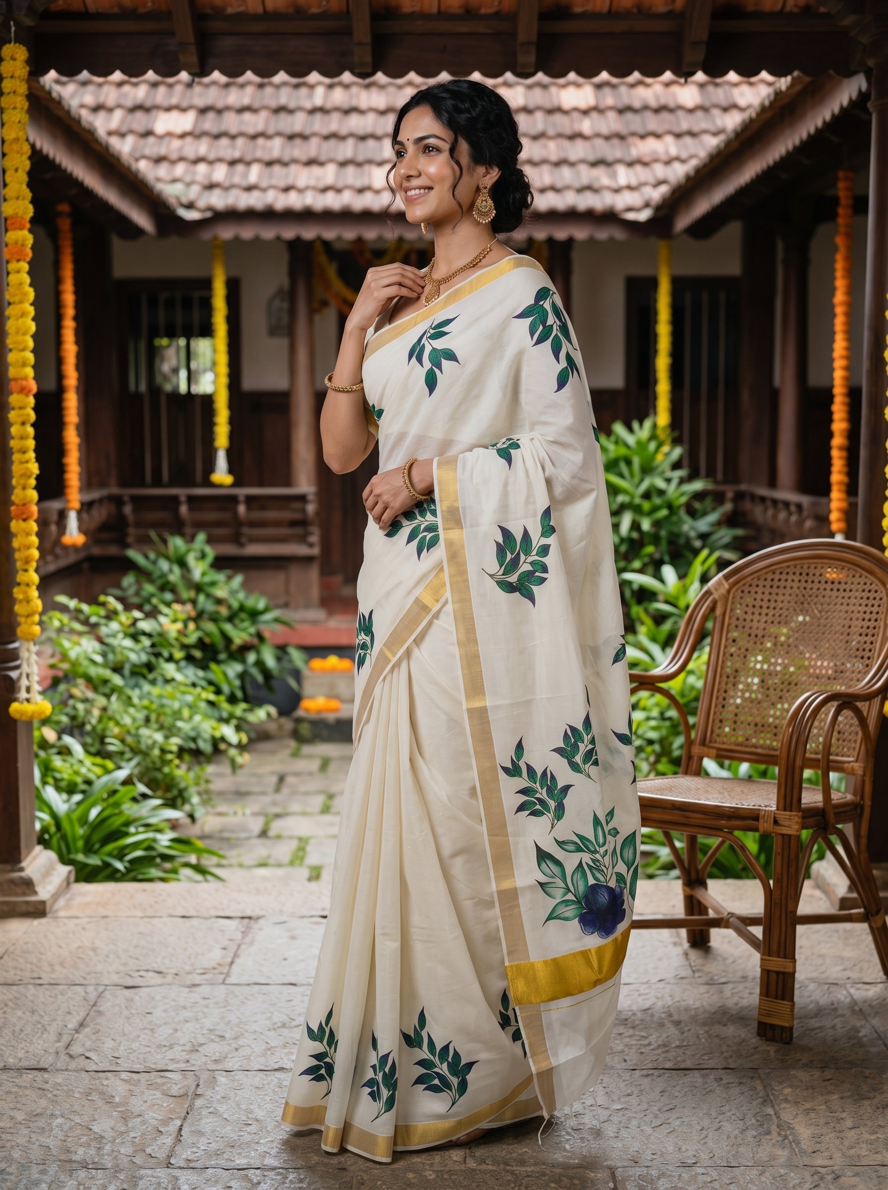A woman wearing a cream-colored saree with green leaf patterns and gold borders, standing in a traditional courtyard with a wooden chair and tiled roof in the background.