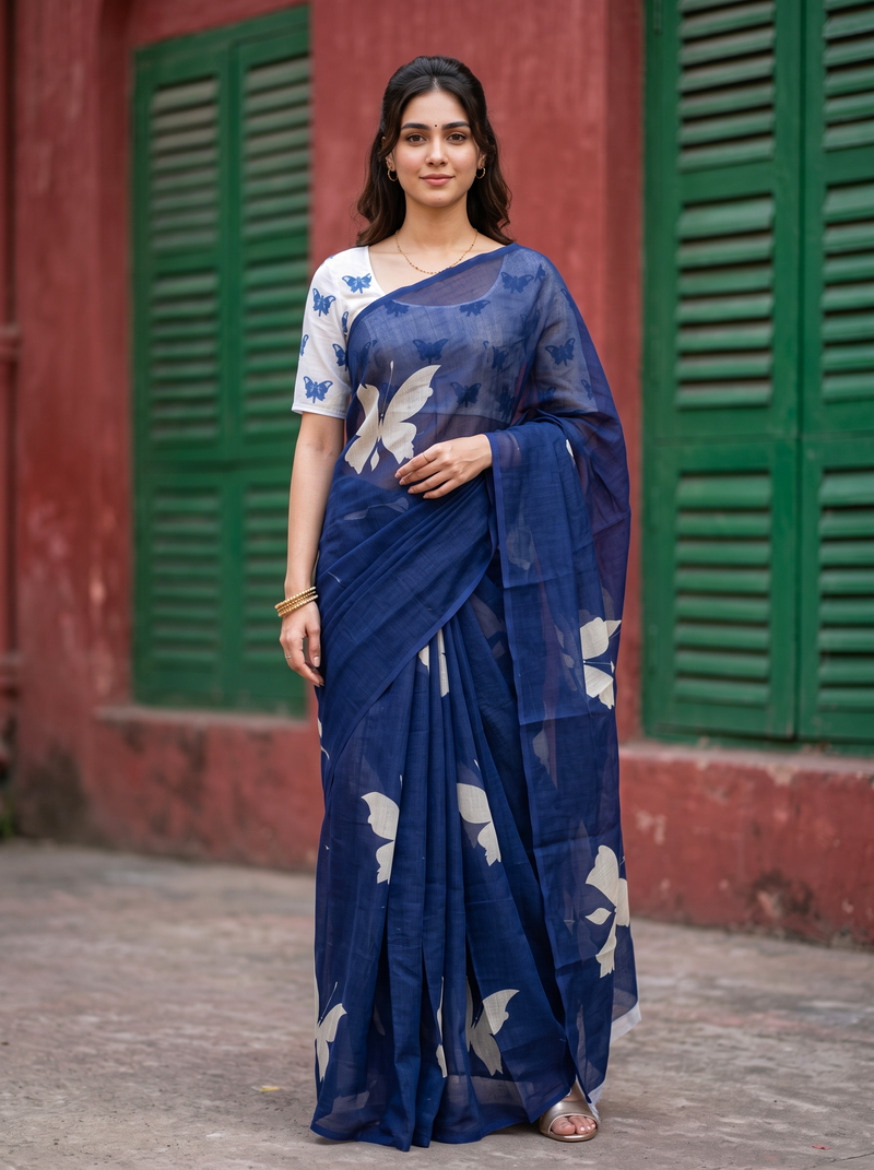 A woman stands outdoors wearing a navy blue printed saree with a white sleeveless blouse. The background features a red wall and green wooden shutters.