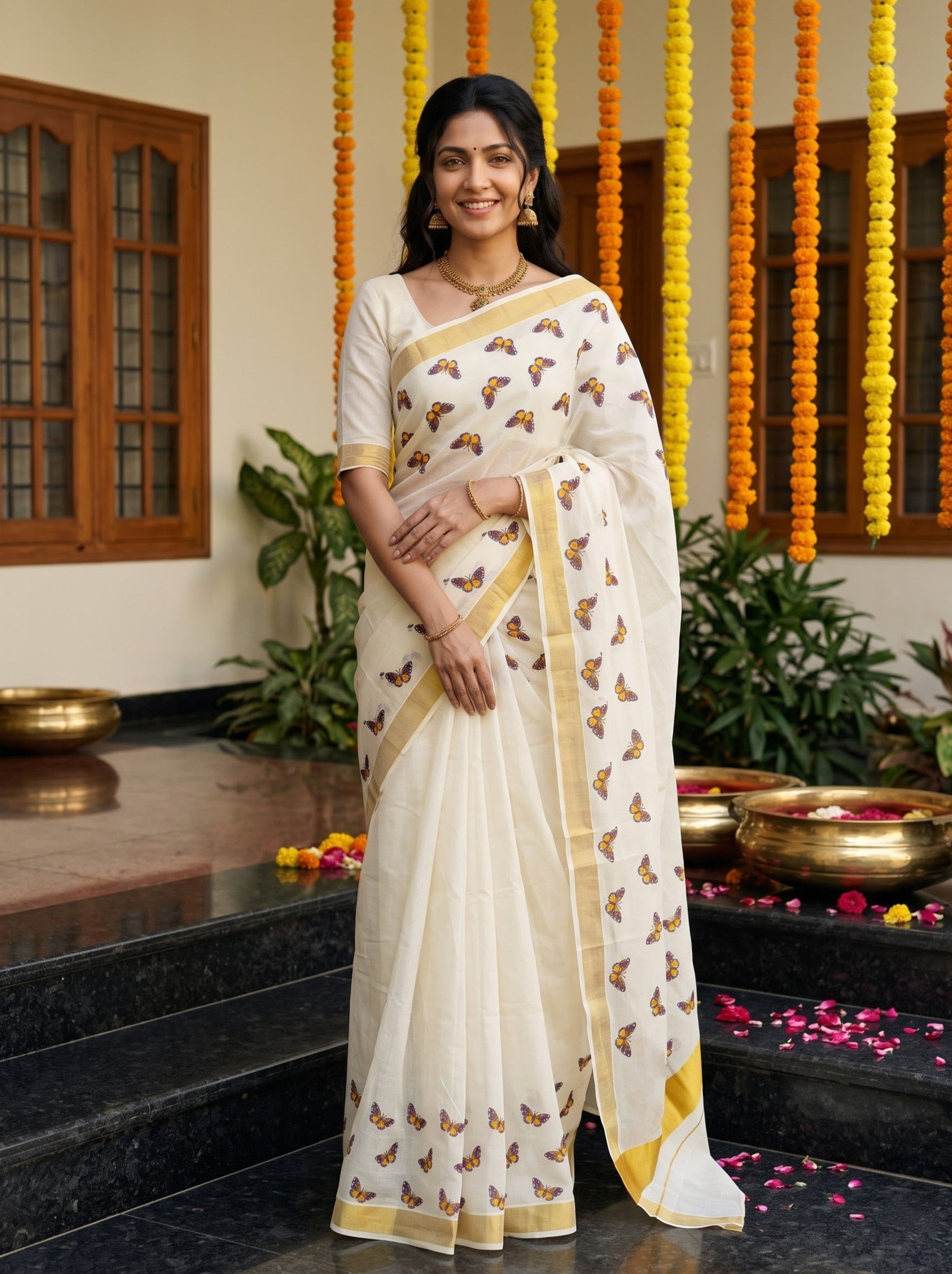 Cotton Off-White Violet Butterfly Print With Golden Border Onam Special Kerala Saree
