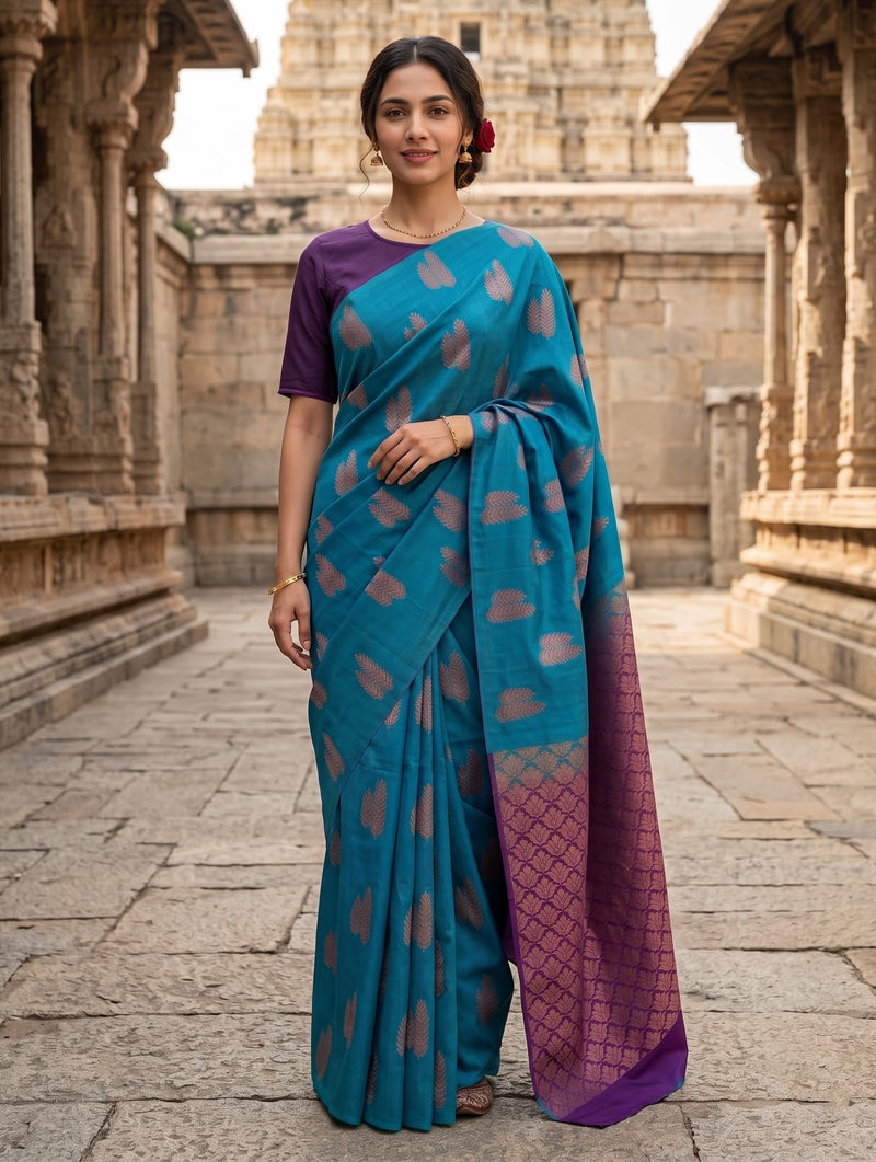 A woman wearing a teal blue and purple sari with metallic gold motifs, standing in a stone corridor with ancient temple architecture in the background.